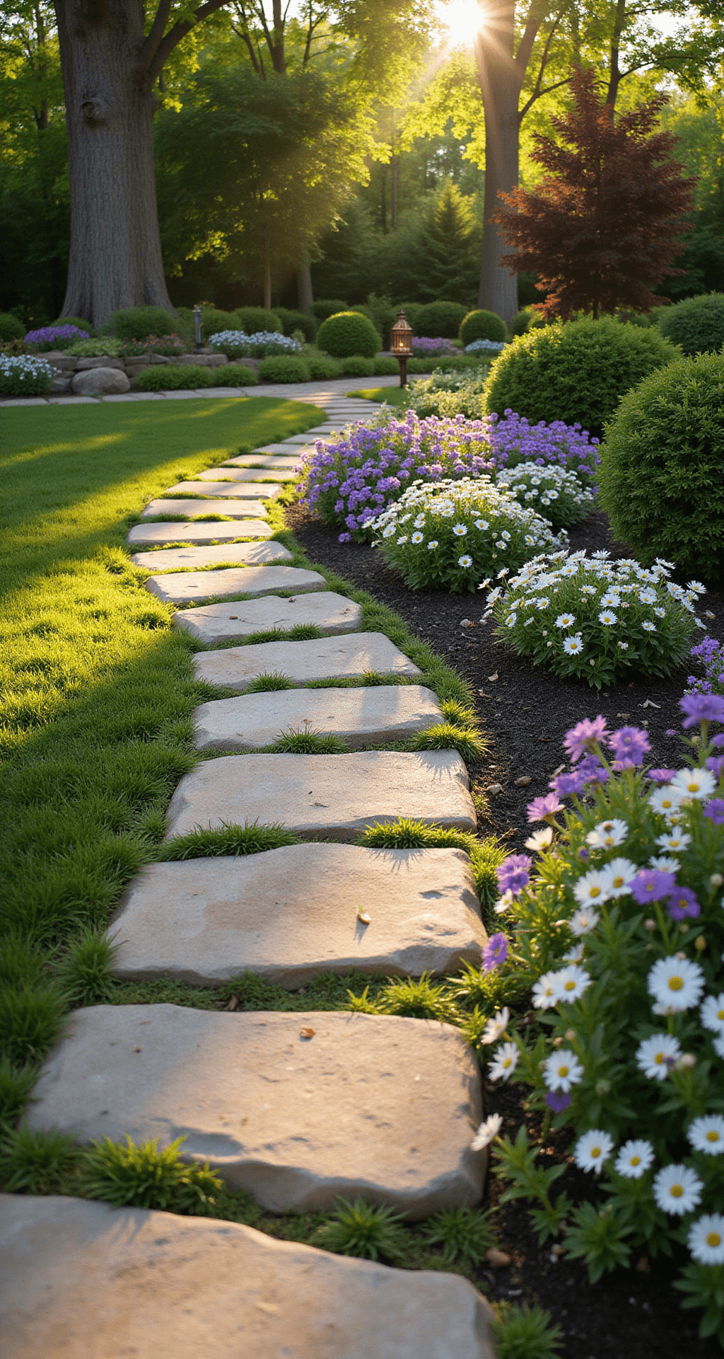 Stone Garden Borders: Transform Your Landscape with Natural Elegance A serene residential garden at golden hour, featuring a winding limestone border that separates a lush lawn from a flower bed of purple salvias and white daisies. Natural stones stacked in warm beige tones with moss grow between crevices, while dappled sunlight filters through overhead maple trees. A copper garden lantern is positioned at the border's curve, captured with a shallow depth of field to emphasize the stone's textures.