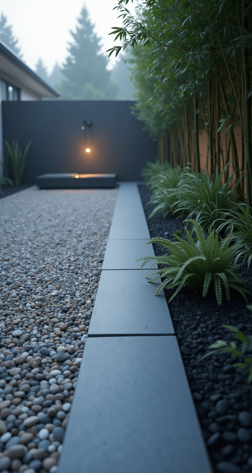 Stone Garden Borders: Transform Your Landscape with Natural Elegance A low-angle view of a modern garden scene at 7am, featuring a sleek charcoal gray concrete border dividing a minimalist zen garden and gravel pathway, with morning mist, dewdrops on ornamental grasses, and a contrast of white river rocks and black bamboo in cool blue-gray lighting.