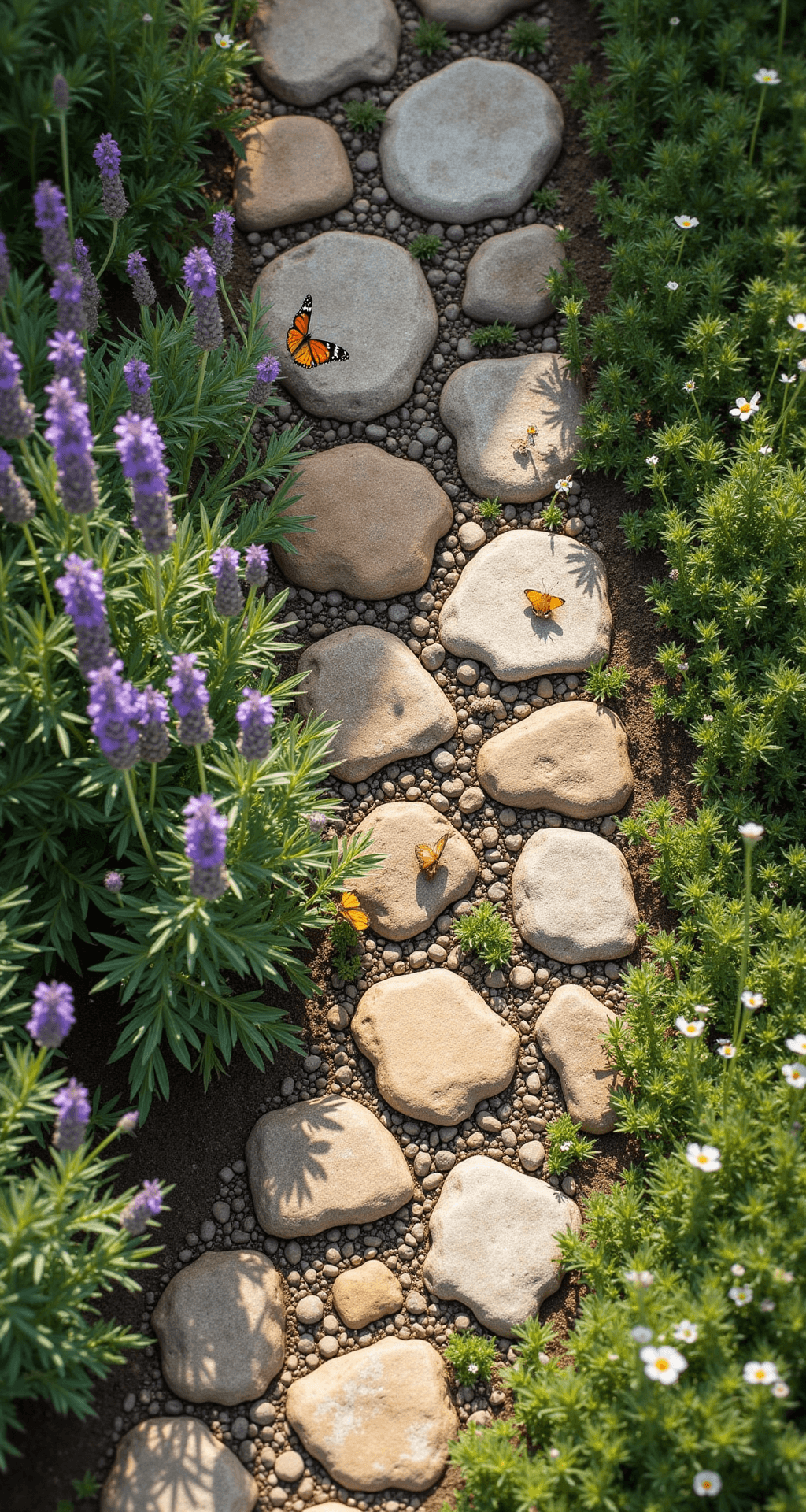 Stone Garden Borders: Transform Your Landscape with Natural Elegance Aerial view of a rustic cottage garden border featuring weathered fieldstones in earthy hues, creating a meandering edge between a wildflower meadow and a cobblestone path, with thyme plants growing in between and English lavender spilling over the edges, under bright sunlight with butterflies nearby.