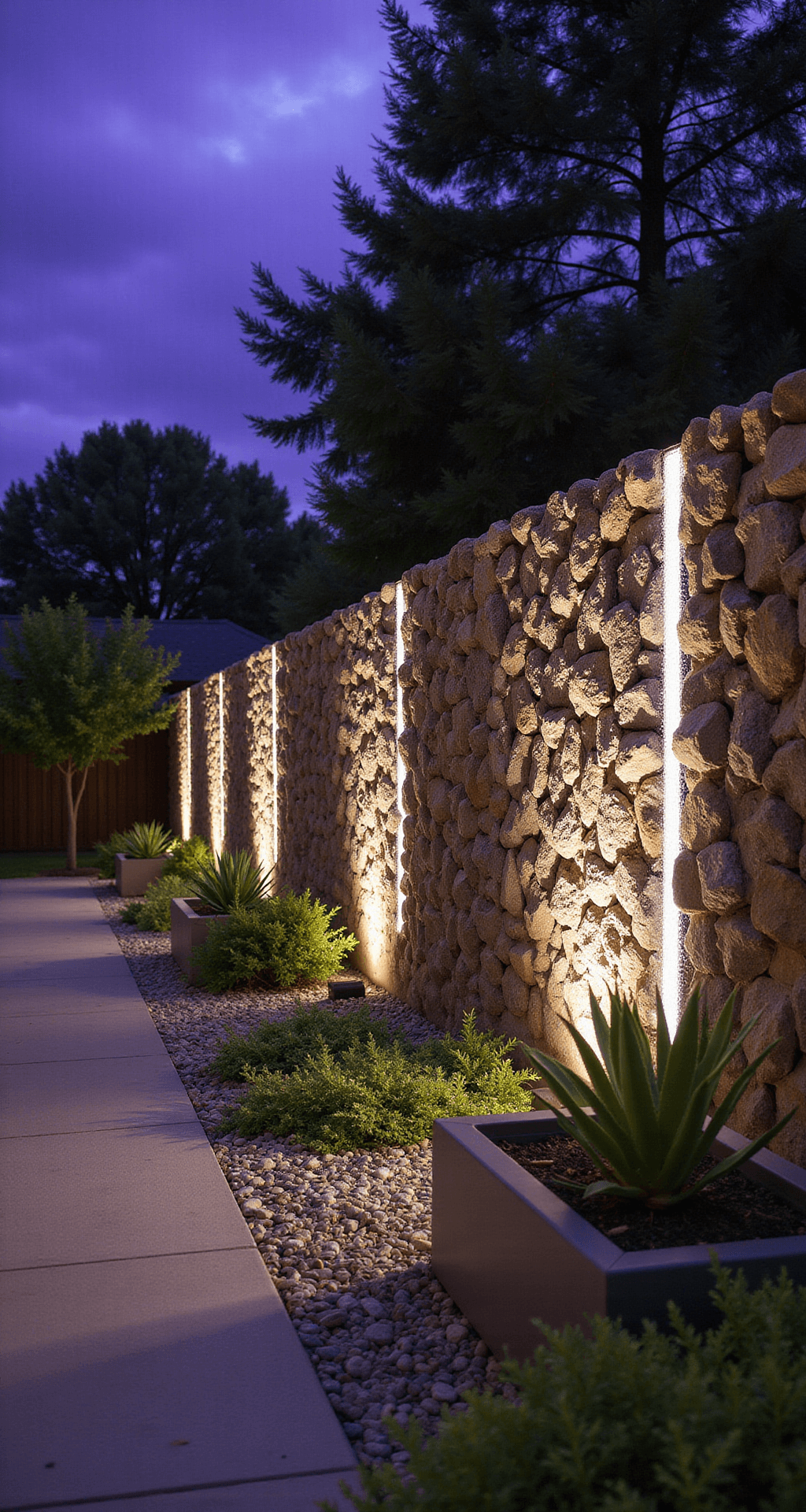 Stone Garden Borders: Transform Your Landscape with Natural Elegance Twilight garden scene at 8pm featuring a 3ft high gabion border wall filled with multi-colored slate and quartz, illuminated by integrated LED strip lighting. The shot captures the wall's 25ft length and height from a 45-degree angle, flanked by modern steel planters with architectural succulents against a deep purple sky.
