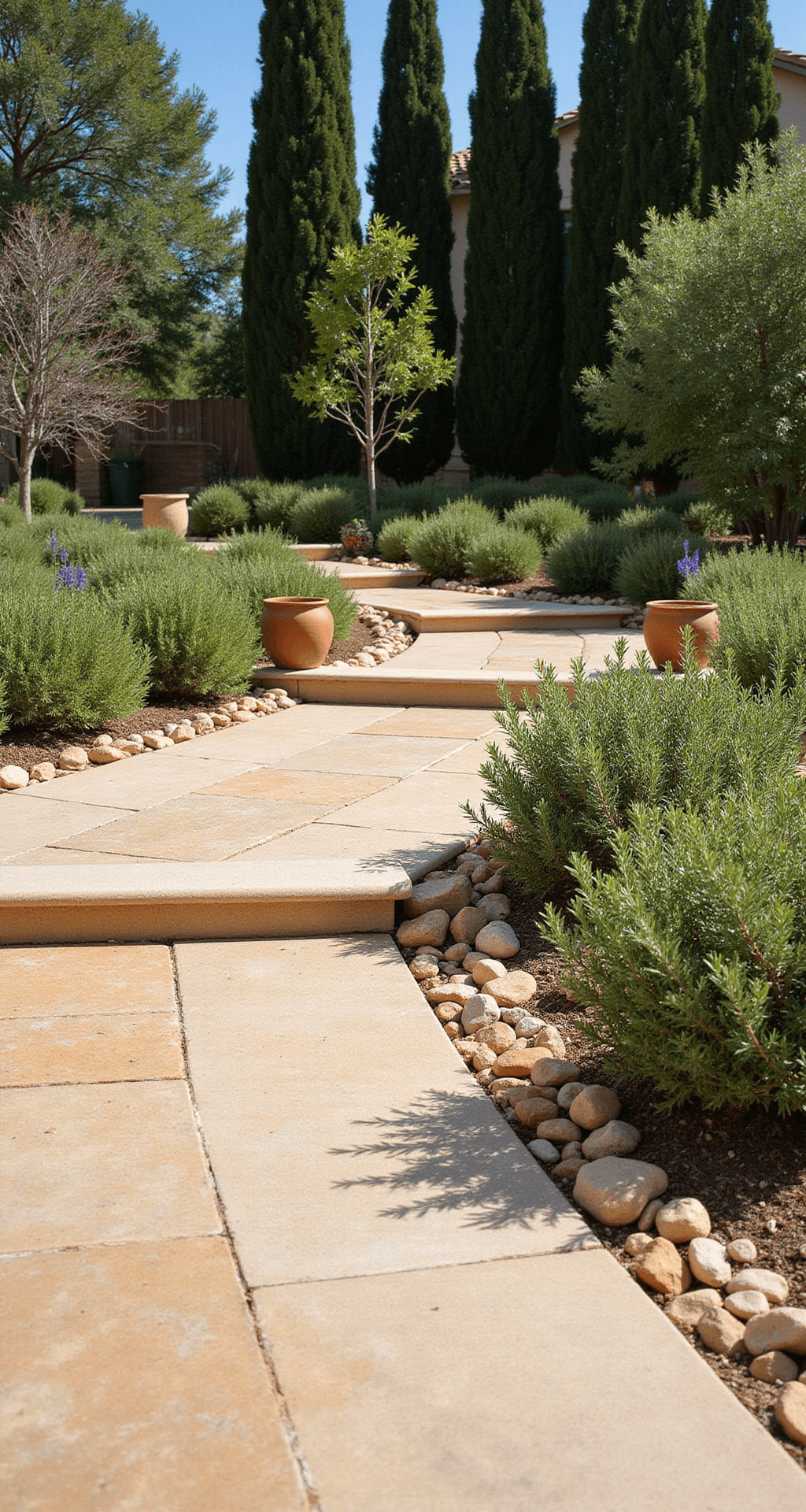 Stone Garden Borders: Transform Your Landscape with Natural Elegance A bright midday view of a Mediterranean-style garden border made of warm travertine stones, showcasing an 18ft curved border rising 10 inches, with uniform honey-colored 12x6 inch blocks. Drought-resistant rosemary spills over the edges while terra cotta pots enhance the design. Shot from ground level, highlighting the border's presence, with Italian cypress trees in the background.