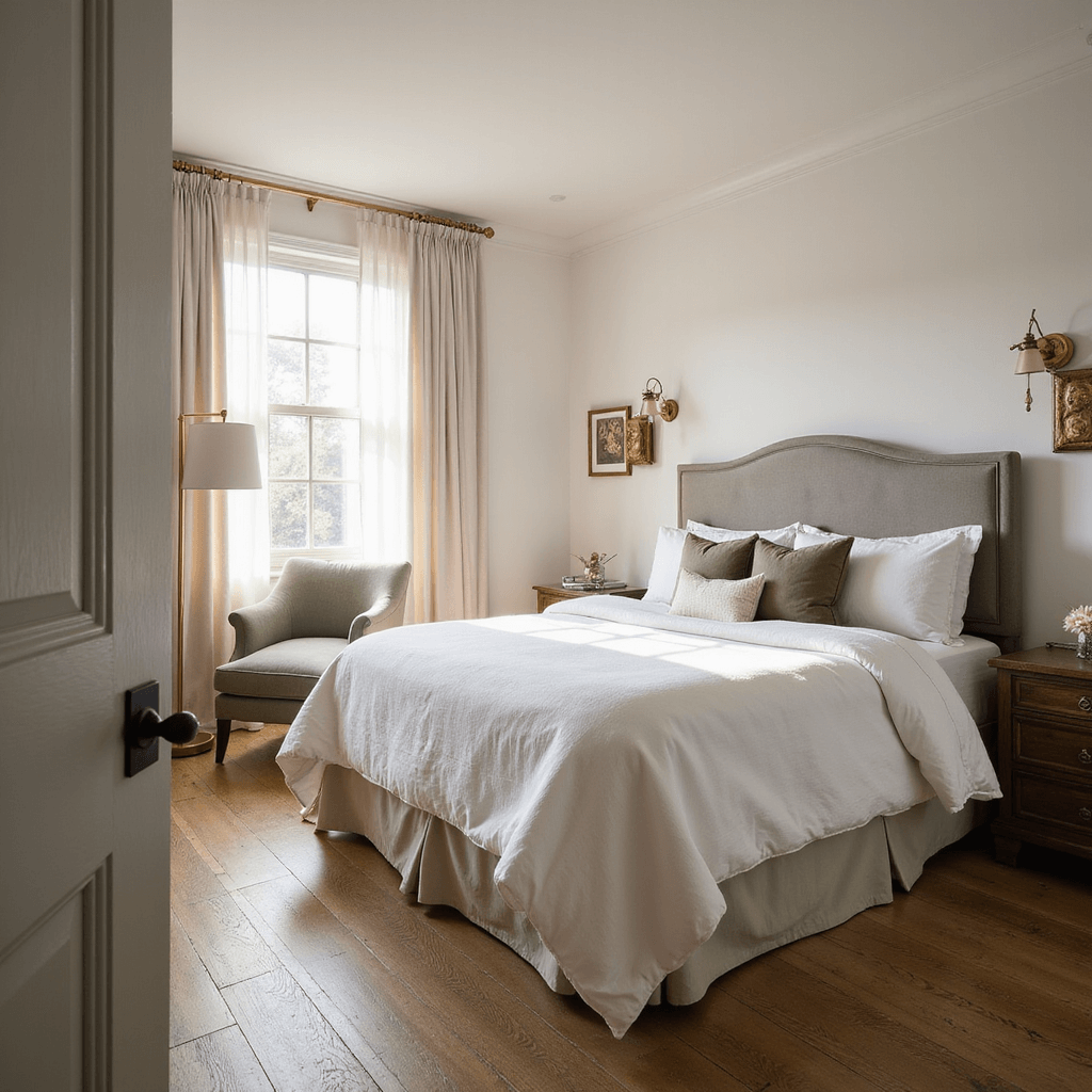 Ultimate Spare Bedroom Ideas: Transform Your Extra Space into a Dream Room A serene guest bedroom featuring a queen-size bed dressed in a cloud-like white duvet and layered pillows, illuminated by golden hour sunlight through sheer white linen curtains, with weathered brass sconces, a soft gray velvet upholstered headboard, built-in nightstands with charging ports, a muted sage green accent chair, warm white walls, and oak flooring, captured from a door frame at a 45-degree angle.