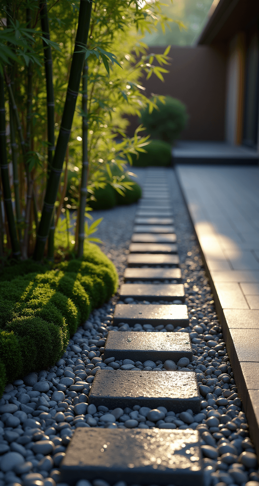 Stone Garden Borders: Transform Your Landscape with Natural Elegance A Japanese-inspired garden border at dawn, featuring dark granite blocks and river rocks in a 30ft linear design with alternating raised sections and pebble strips, illuminated by morning sunlight that highlights water droplets on bamboo and casts long shadows on smooth stones, viewed from tatami mat height showing material transitions where moss garden meets raked gravel.