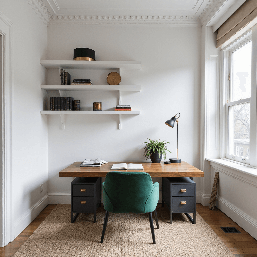Ultimate Spare Bedroom Ideas: Transform Your Extra Space into a Dream Room Modern home office in a 10x12ft room with floor-to-ceiling windows, featuring an ergonomic walnut desk, an emerald green velvet chair, and matte white floating shelves, all under diffused northern light with architectural molding detailing.