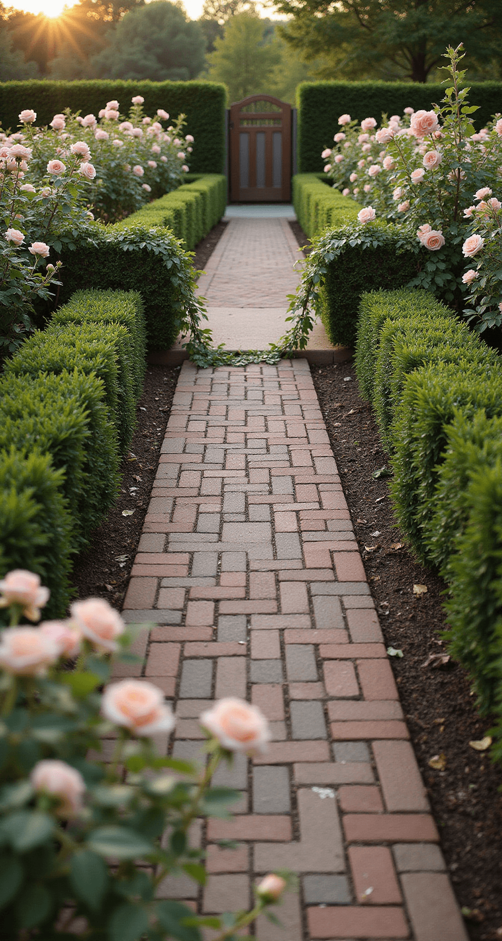 Stone Garden Borders: Transform Your Landscape with Natural Elegance A formal English garden border at 4pm, showcasing 24ft of reclaimed brick and limestone combinations. The alternating materials rise 7 inches high, with climbing roses spilling over antique bricks and structured boxwood hedges. The warm golden hour lighting highlights the aged patina, with foreground roses slightly blurred.