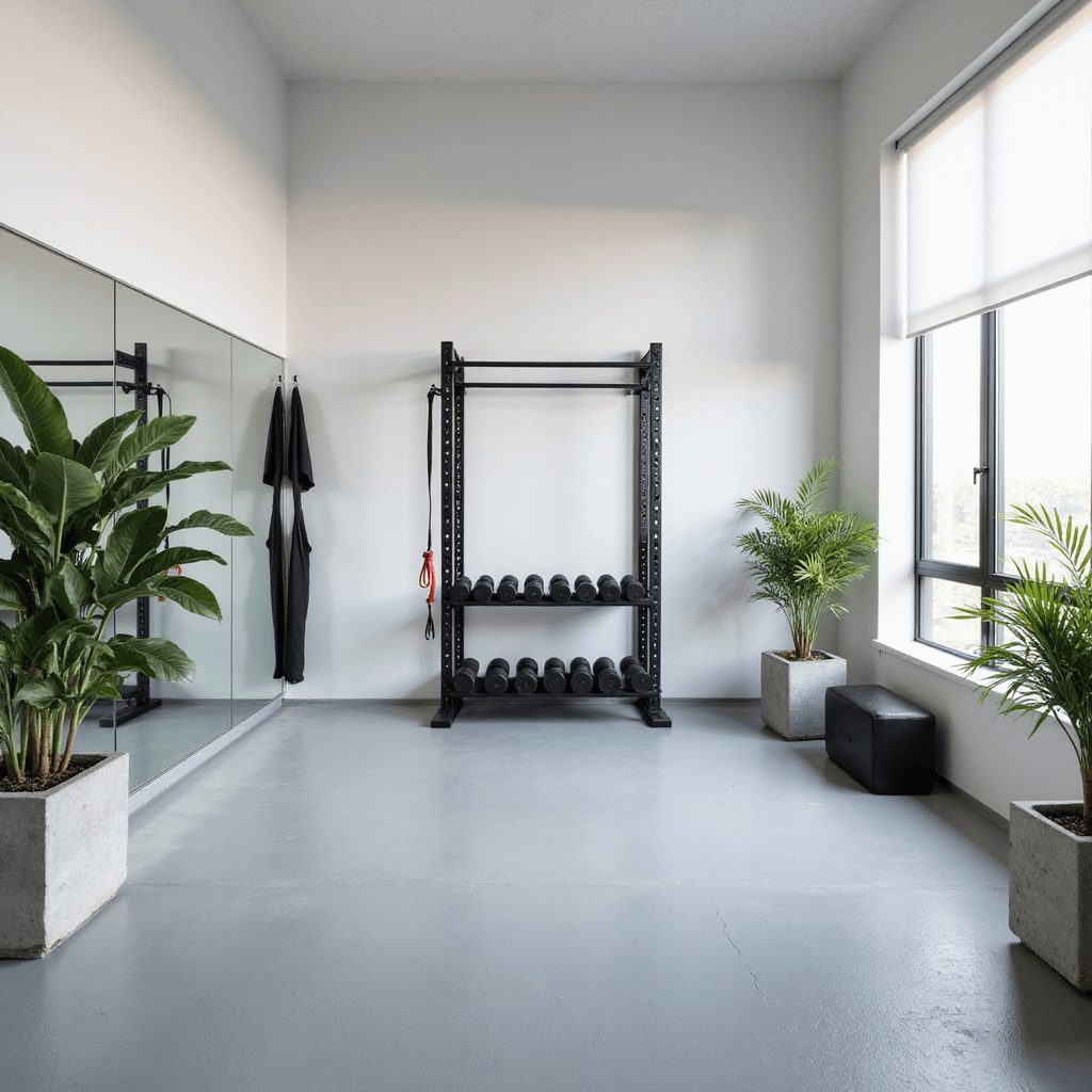 Ultimate Spare Bedroom Ideas: Transform Your Extra Space into a Dream Room Minimalist home gym in a bright 11x13ft space with light gray rubber flooring, white walls, and a full-length mirror. Organized matte black equipment rack with weights and resistance bands. Large window with semi-sheer shade providing natural light, and plants in concrete planters for an organic touch. Elevated view shows clean lines and even lighting for a calm yet energetic atmosphere.