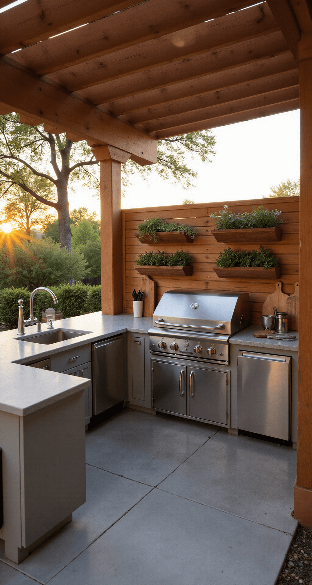 Small Outdoor Kitchen Ideas: Maximizing Compact Cooking Spaces A compact L-shaped outdoor kitchen on a 10x12ft patio corner, featuring a modern stainless steel grill under a cedar pergola, polished concrete countertops with LED lighting, and a herb garden wall with copper planters, all illuminated by warm sunset light and casting diagonal shadows.