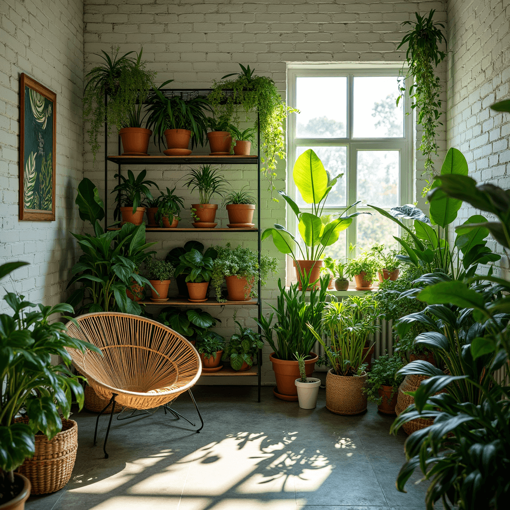 Ultimate Spare Bedroom Ideas: Transform Your Extra Space into a Dream Room Lush indoor plant paradise with tiered metal and wood shelving, tropical plants, rattan chair, and dramatic afternoon light streaming through southern windows.