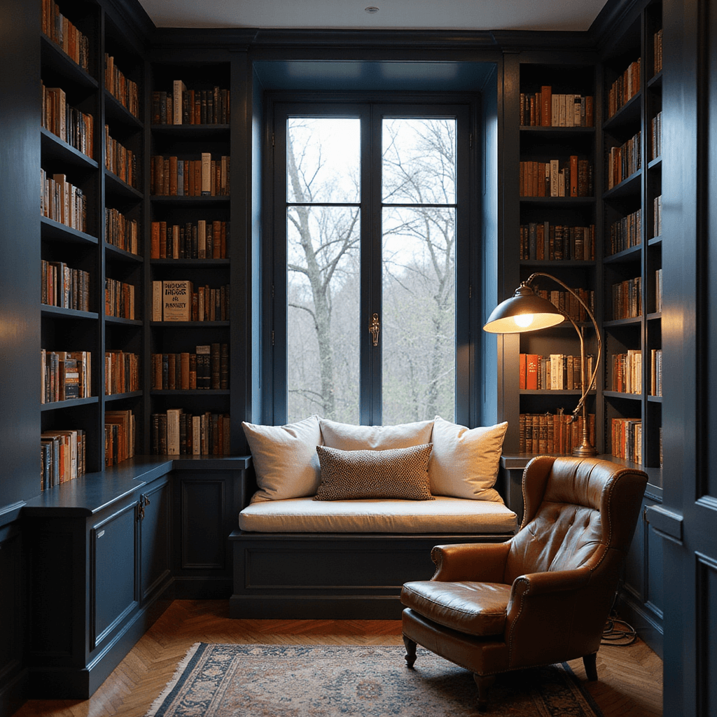 Ultimate Spare Bedroom Ideas: Transform Your Extra Space into a Dream Room Cozy reading nook with floor-to-ceiling navy blue bookshelves, oversized window seat with ivory cushions, aged brass reading lamp, and leather armchair, all illuminated by warm LED lighting during twilight hours, set on herringbone hardwood floors with a vintage rug.