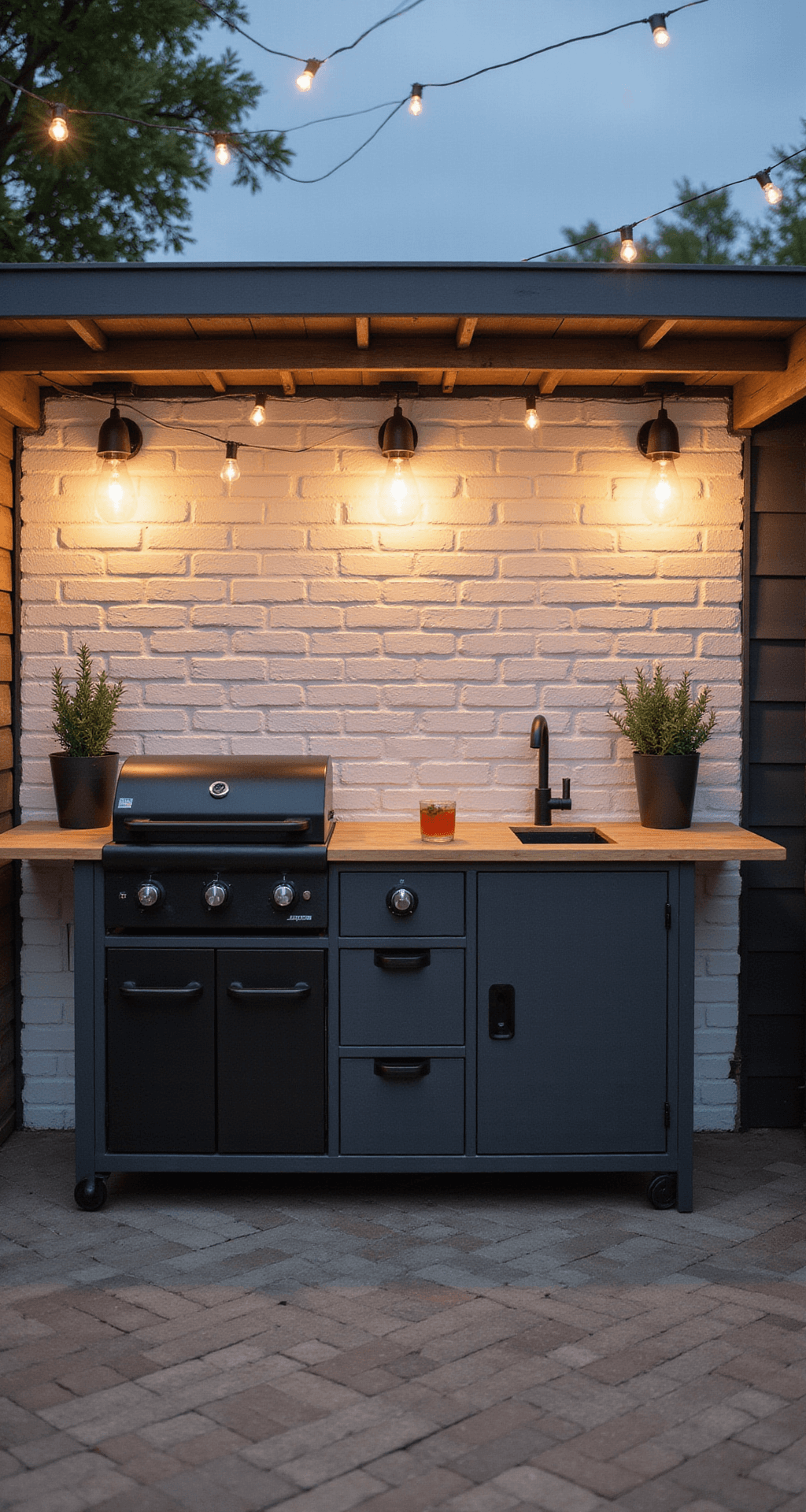 Small Outdoor Kitchen Ideas: Maximizing Compact Cooking Spaces Intimate outdoor kitchen setup featuring GRILLSKÄR units in anthracite grey against a whitewashed brick wall, illuminated by string lights at dusk. A wheeled prep station with a butcher block top is centrally placed, complemented by potted rosemary and sage, and arranged on textured porcelain tile flooring in a herringbone pattern.
