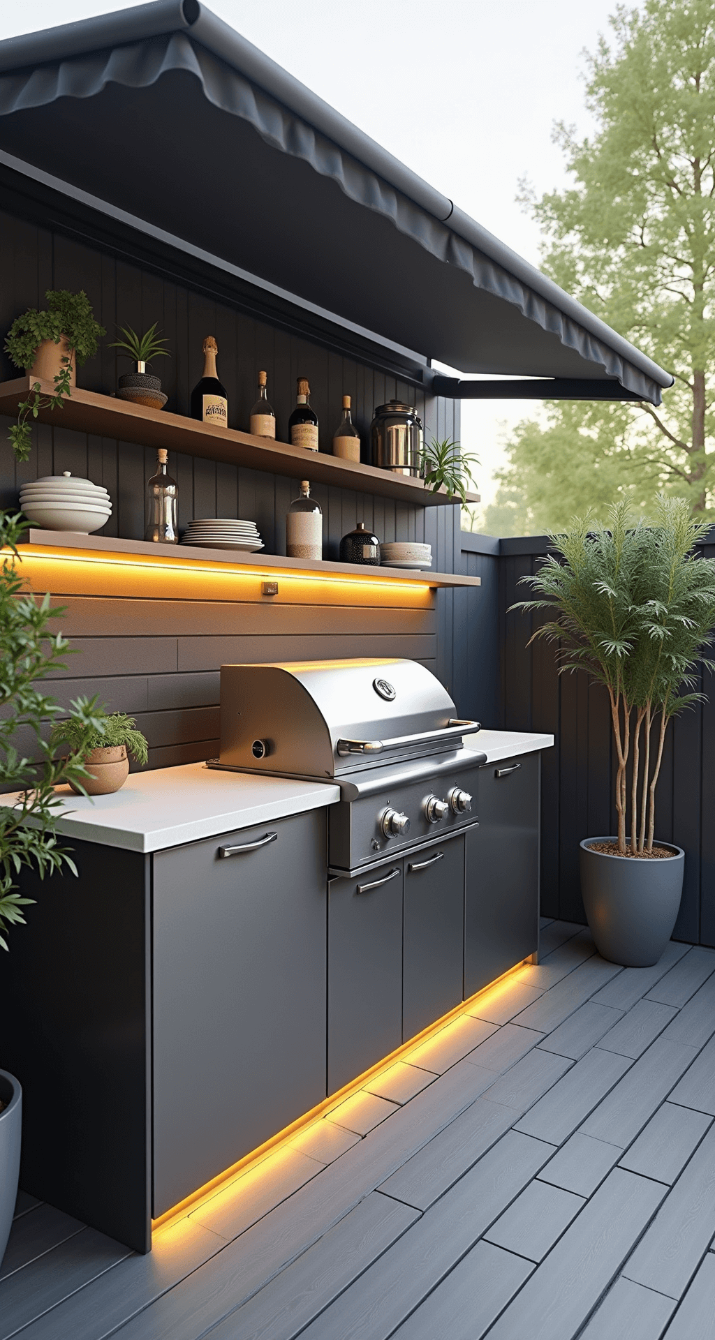 Small Outdoor Kitchen Ideas: Maximizing Compact Cooking Spaces Corner outdoor kitchen vignette on a 6x8ft balcony, featuring a compact gas grill and ice bin in brushed stainless steel, with a charcoal grey retractable awning above. The space includes weathered grey composite decking, modern melamine serveware, succulent arrangements, and integrated LED strip lighting under floating shelves, captured in mid-morning light from a 30-degree angle.