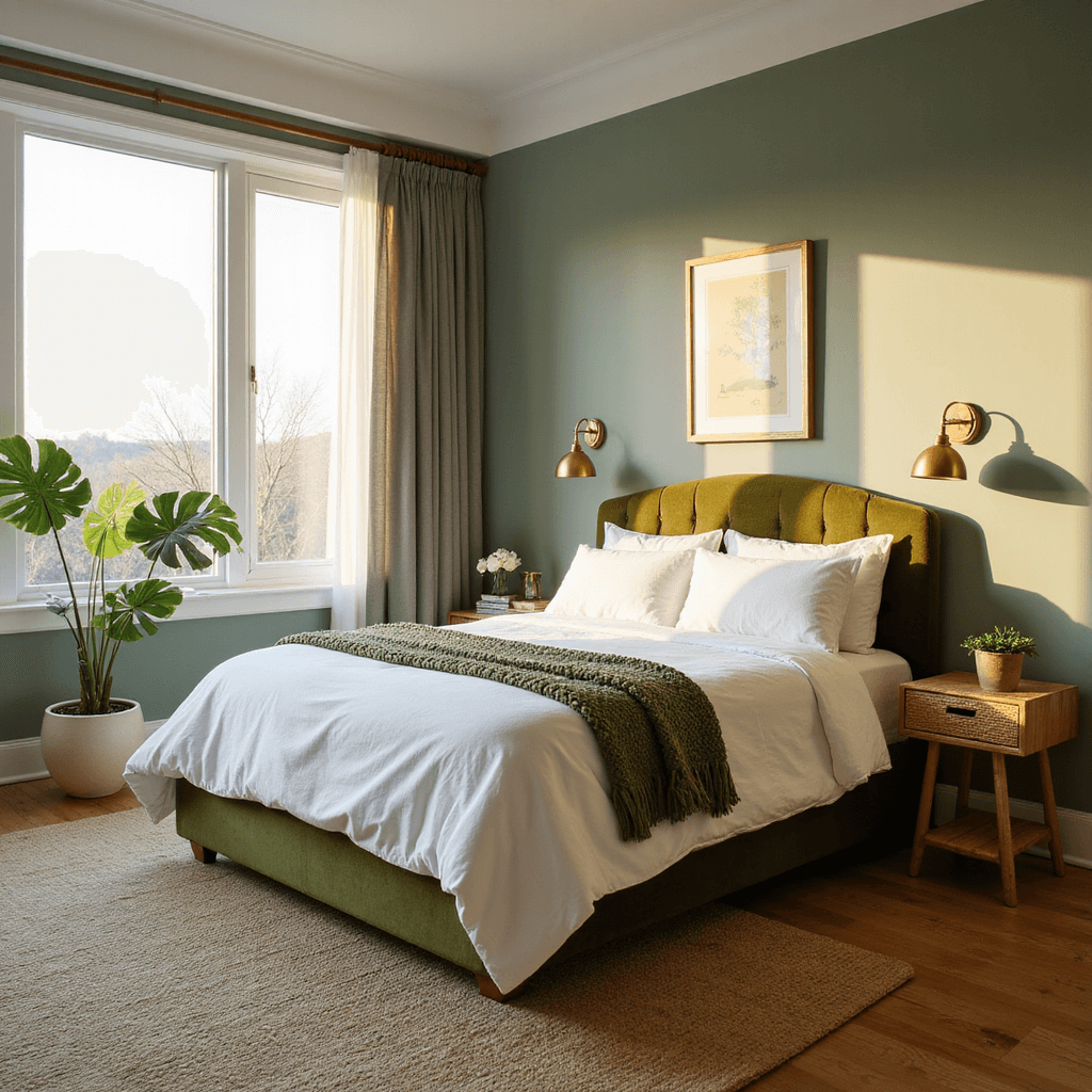 Green Bedroom Ideas: Your Ultimate Guide to Creating a Serene Sanctuary A serene sage green bedroom featuring a king-size bed with white sheets and a chunky sage throw, illuminated by golden hour sunlight through sheer curtains, with vintage brass sconces and natural elements like a monstera plant and rattan side tables.