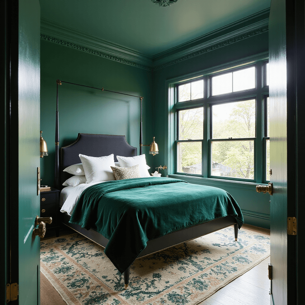 Green Bedroom Ideas: Your Ultimate Guide to Creating a Serene Sanctuary An elegant emerald green primary bedroom featuring a dramatic tray ceiling and crown molding, with morning light streaming through black steel frame windows. The room includes a modern four-poster bed dressed in emerald velvet and white linen pillows, set on a vintage Persian rug. The composition captures the room from the doorway with focus on the bed.