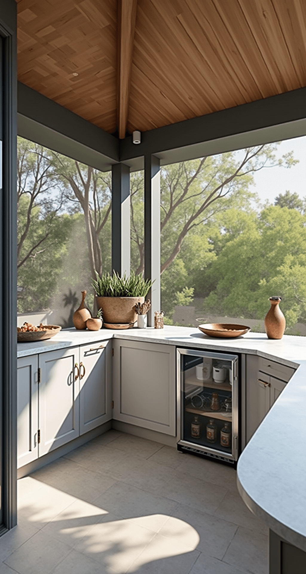 Small Outdoor Kitchen Ideas: Maximizing Compact Cooking Spaces Intimate outdoor kitchen with pale grey quartz countertops and waterfall edge, featuring a built-in beverage center, geometric porcelain tile backsplash, and styled with artisanal ceramics, all illuminated by morning light filtering through privacy screens.