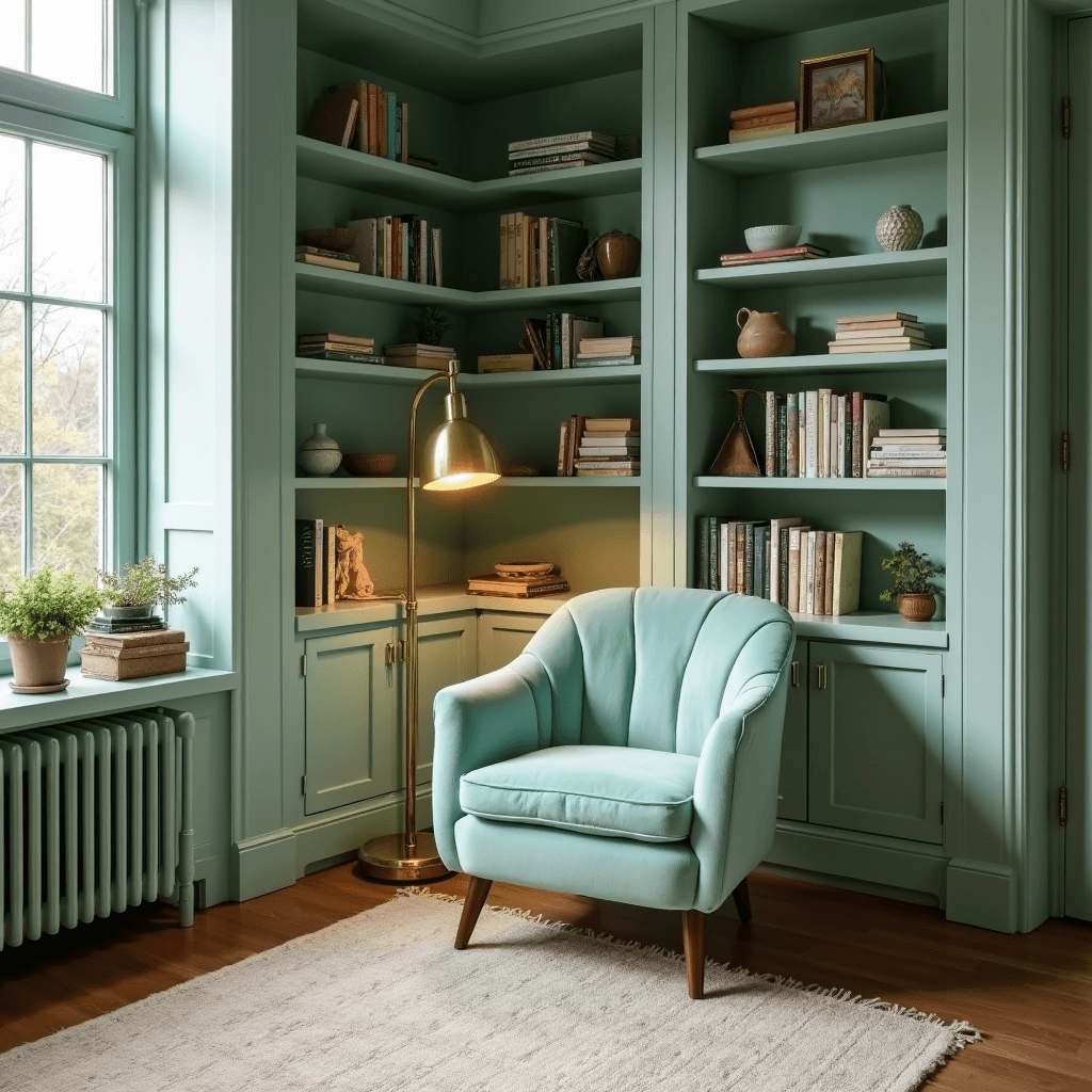 Green Bedroom Ideas: Your Ultimate Guide to Creating a Serene Sanctuary A cozy mint green reading nook featuring a plush seafoam green velvet accent chair illuminated by a modern brass floor lamp, surrounded by pale mint built-in bookshelves filled with vintage books and ceramics, all set against a handwoven cream wool rug, captured during blue hour.