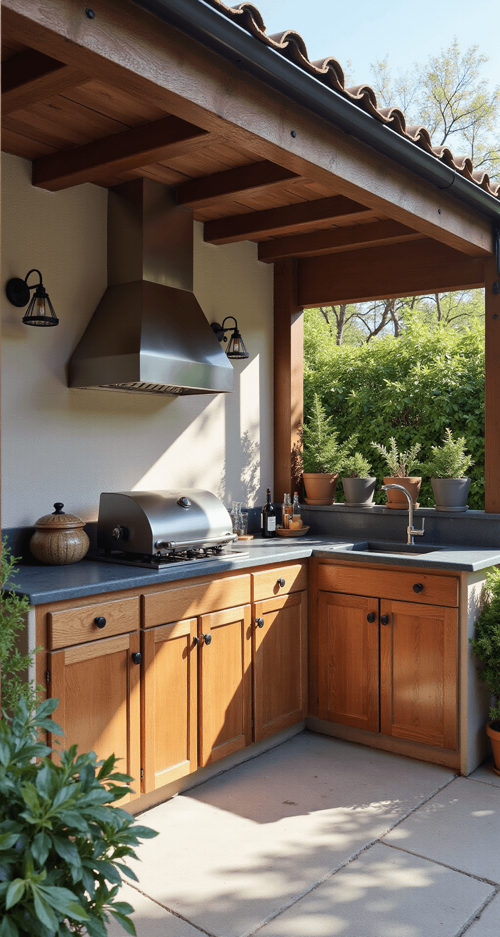 Small Outdoor Kitchen Ideas: Maximizing Compact Cooking Spaces Outdoor kitchen featuring weather-resistant teak cabinetry, a compact gas range, and bluestone countertops, styled with Mediterranean accessories and potted citrus trees, all under a cantilevered roof illuminated by afternoon light.