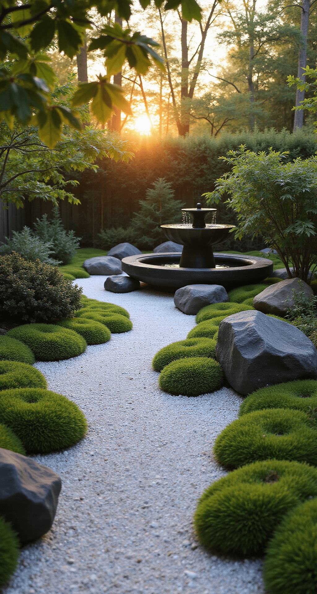 White Stone Garden Ideas: Transform Your Outdoor Space with Elegance A serene Japanese-inspired garden at golden hour, featuring a winding pathway of white marble gravel through green moss patches, a dark bamboo water fountain surrounded by black river rocks, and warm sunset glow filtering through Japanese maple leaves.