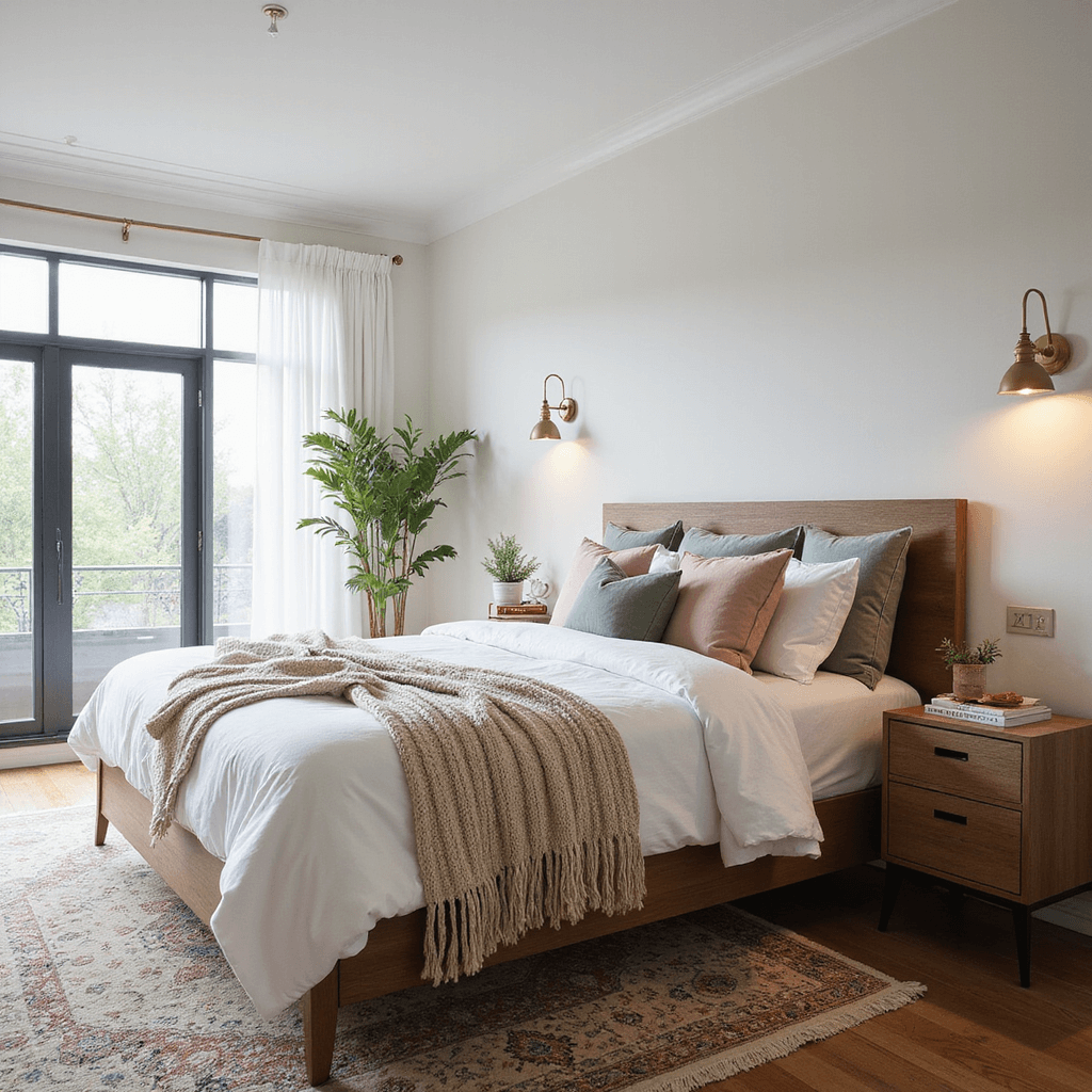 Bedroom Refresh: Transform Your Space with Easy, Affordable Updates A serene modern bedroom with morning light streaming through floor-to-ceiling windows, featuring a king-sized bed with white linen and cream textiles, a vintage Persian rug, and warm brass wall sconces, captured from a low corner angle emphasizing texture and light interplay.