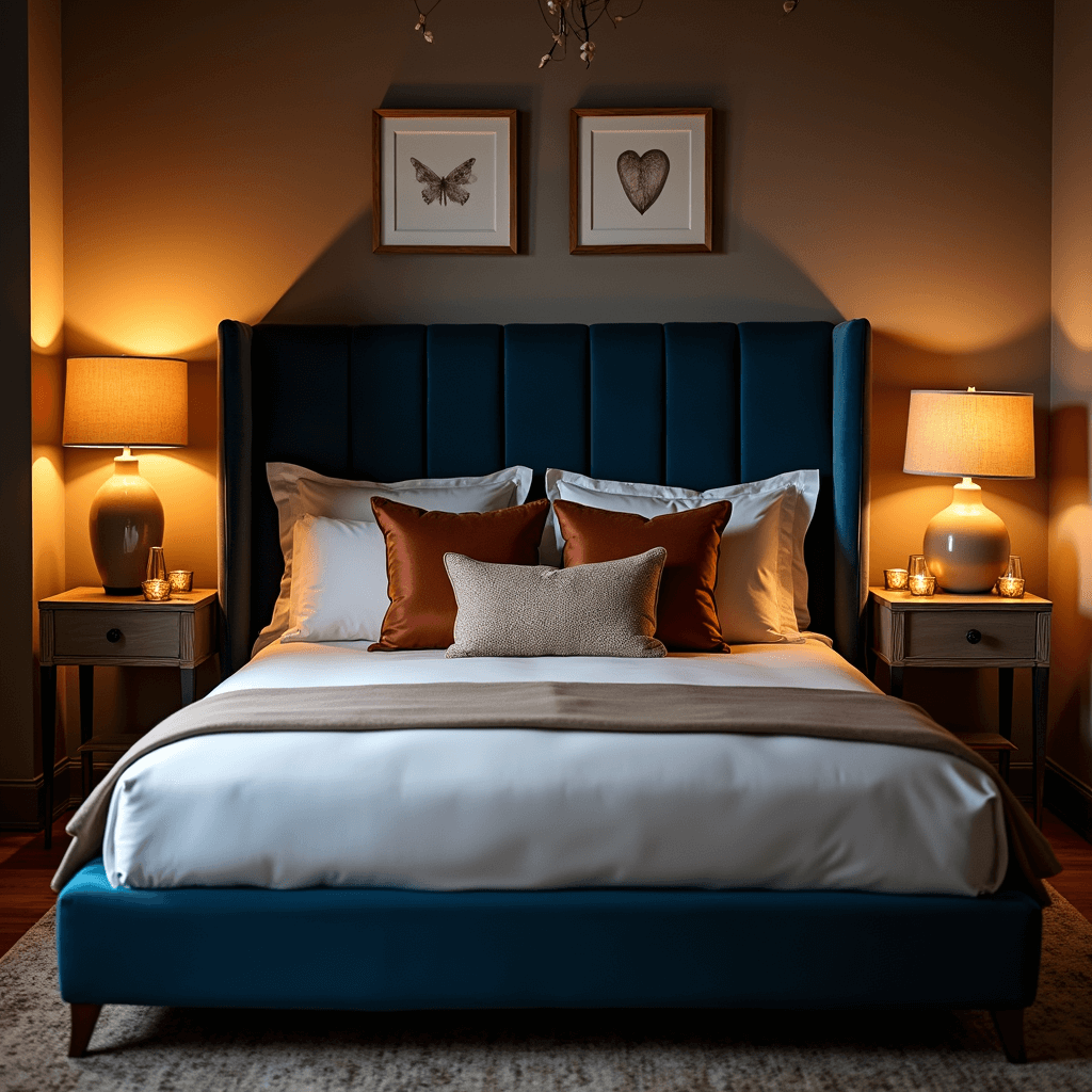 Bedroom Refresh: Transform Your Space with Easy, Affordable Updates Intimate bedroom scene featuring a queen bed with a navy velvet headboard, cloud-white bedding, and copper-toned accent pillows, illuminated by warm ambient lighting from a ceramic table lamp, dimmable pendant, and mercury glass votives, showcasing rich textures of velvet, silk, and brushed metal.