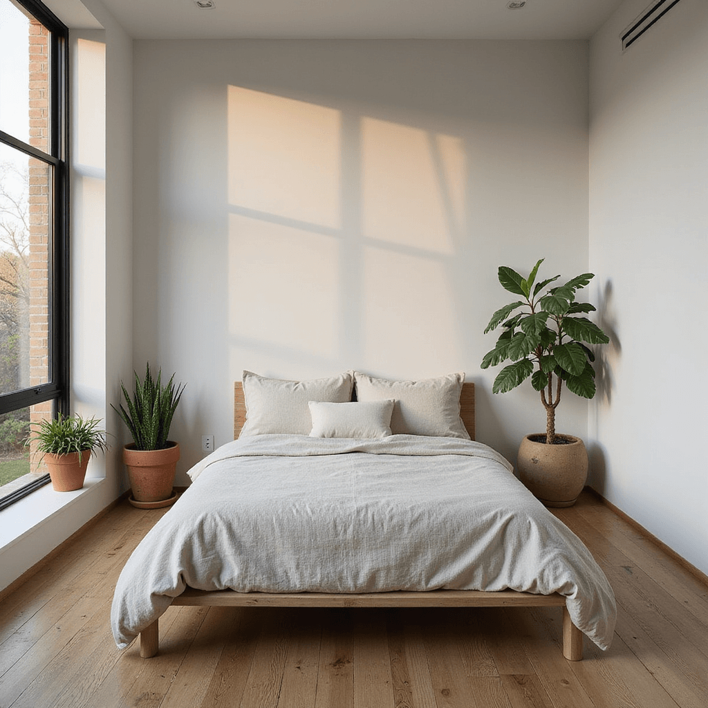 Bedroom Refresh: Transform Your Space with Easy, Affordable Updates A minimalist bedroom sanctuary with white walls and black steel-framed windows, featuring a low-profile platform bed in stone-washed linen, potted snake plants, and trailing pothos, captured from an elevated perspective during golden hour.