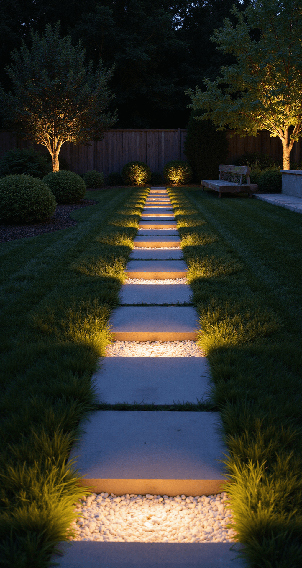 White Stone Garden Ideas: Transform Your Outdoor Space with Elegance A twilight garden pathway featuring uplighted white marble chips and black mondo grass, with floating concrete stepping stones in an offset pattern, illuminated by copper path lights casting warm pools of light, captured in a moody long exposure.