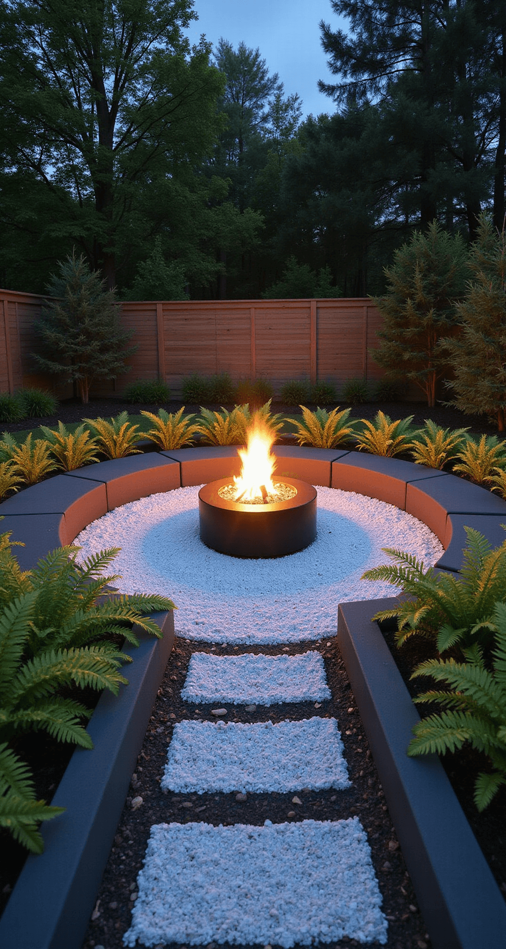 White Stone Garden Ideas: Transform Your Outdoor Space with Elegance Contemporary fire pit area at dusk featuring a 12ft diameter circle of bright white crushed quartz surrounding a black metal fire bowl, bordered by structured ghost ferns and low charcoal gray sectional seating, illuminated by warm fire glow against cool evening light, creating a dramatic night garden atmosphere.