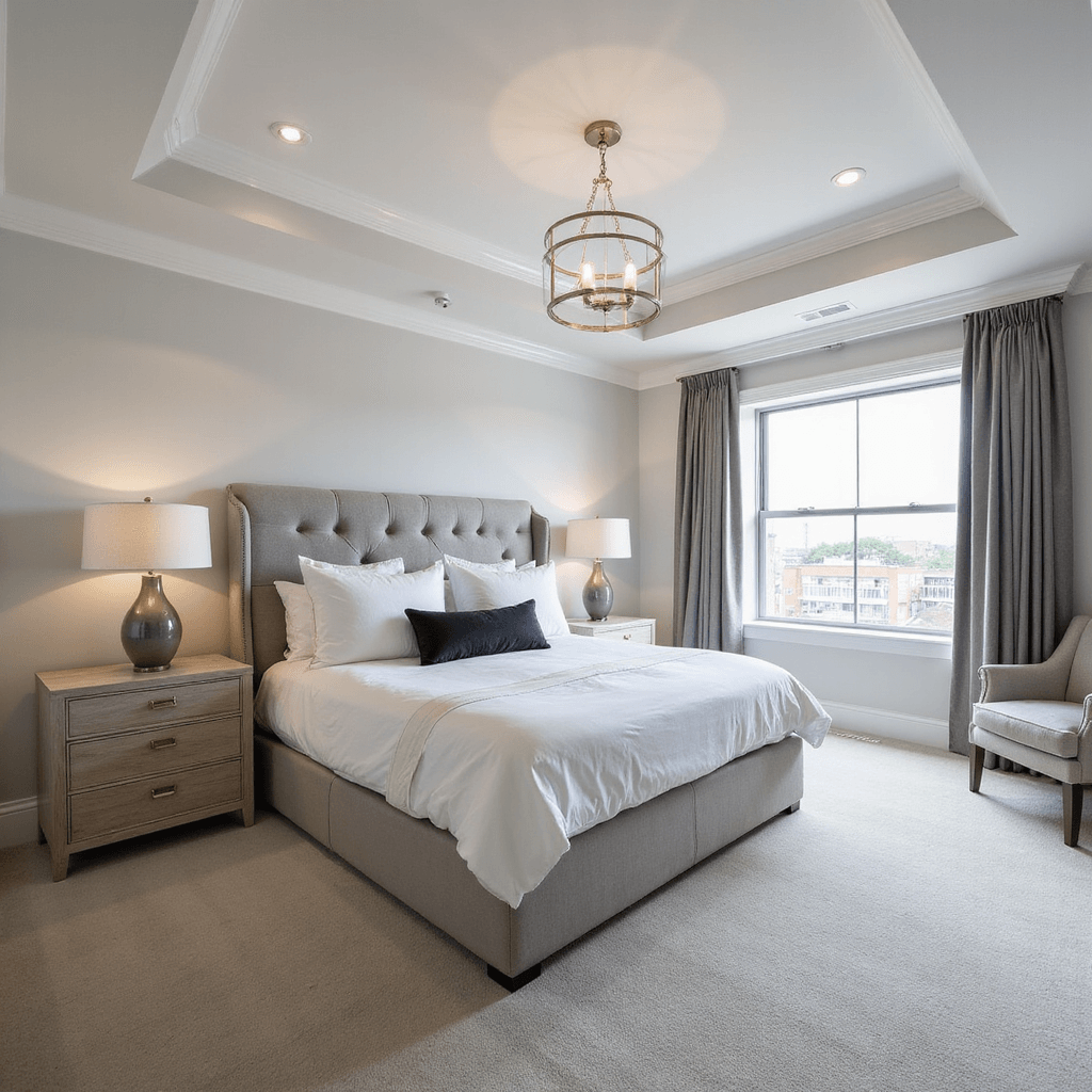 Bedroom Refresh: Transform Your Space with Easy, Affordable Updates A sophisticated primary bedroom featuring a pearl grey velvet upholstered bed with white bedding and charcoal accents, bleached oak nightstands with ceramic lamps, tray ceilings, wool carpeting, and silk drapery, captured from a wide angle to highlight the room's spacious and symmetrical design.