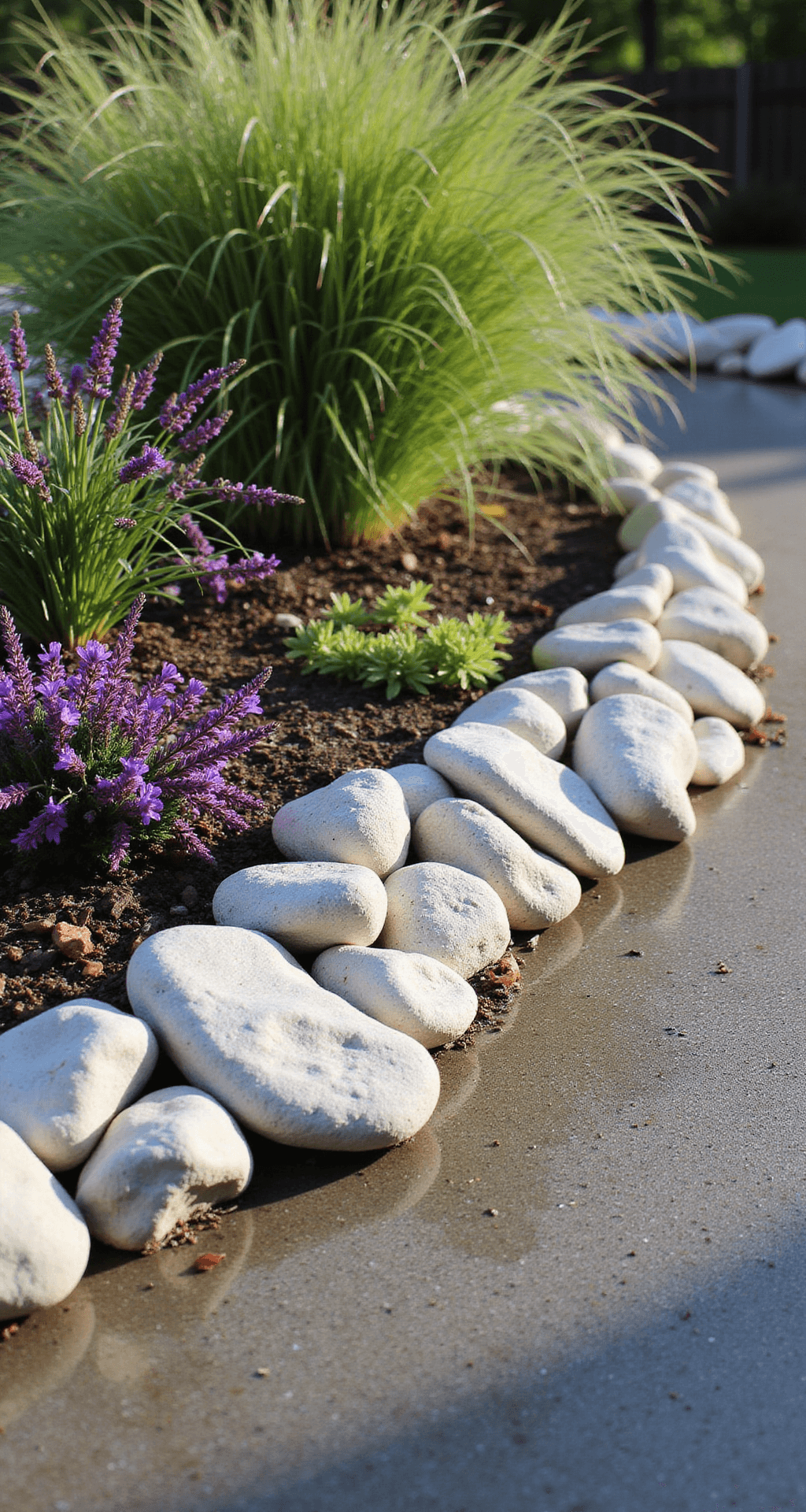 White Stone Garden Ideas: Transform Your Outdoor Space with Elegance Morning sunlight illuminates a 20ft raised bed bordered with pure white river rocks, accented by purple salvias and ornamental grasses spilling over. Dew drops glisten on the rocks, with a 45-degree angle perspective showcasing the layered plantings behind the stone edge, creating a vibrant and fresh garden atmosphere.