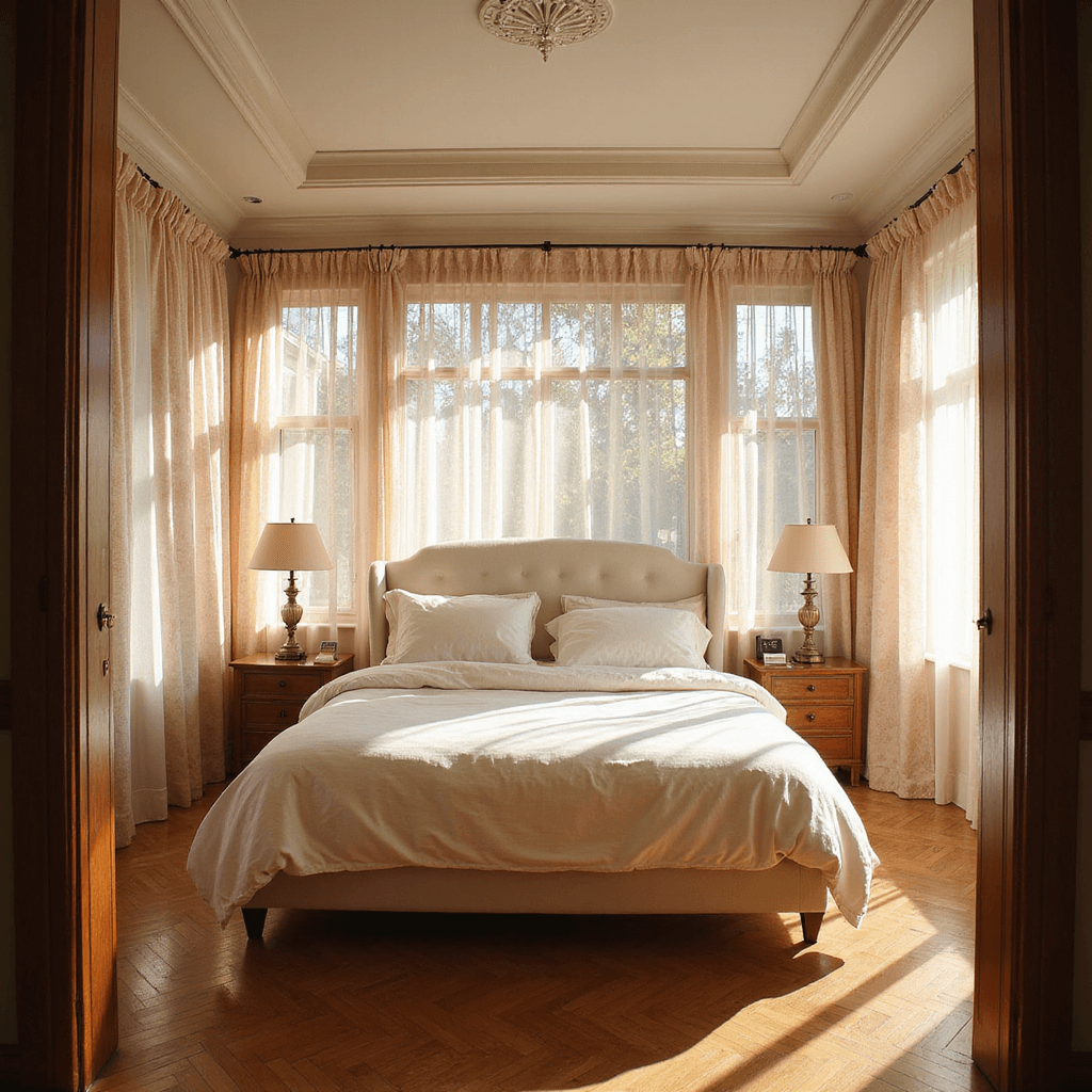 Bedroom Curtain Ideas: Transform Your Space with Modern Design Trends A beautifully lit master bedroom with 14-foot ceilings, featuring sheer floral curtains, a plush king bed in ivory linens, and elegant architectural details including wooden wainscoting and herringbone hardwood floors, all softly illuminated by morning sunlight.