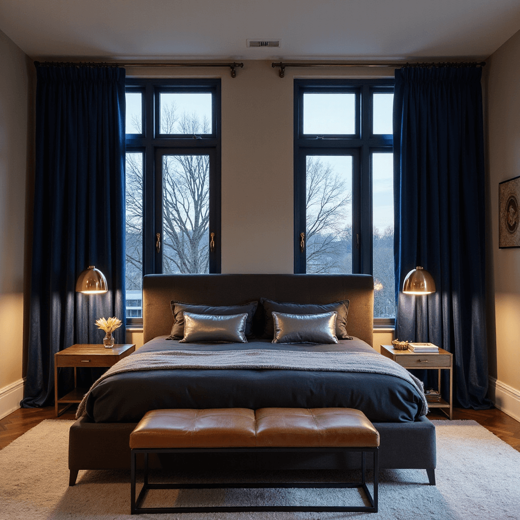Bedroom Curtain Ideas: Transform Your Space with Modern Design Trends Contemporary bedroom at dusk featuring deep midnight blue velvet blackout curtains, warm greige walls, a king bed with charcoal upholstery and metallic pillows, and ambient lighting from bedside pendants, all captured from a corner angle.
