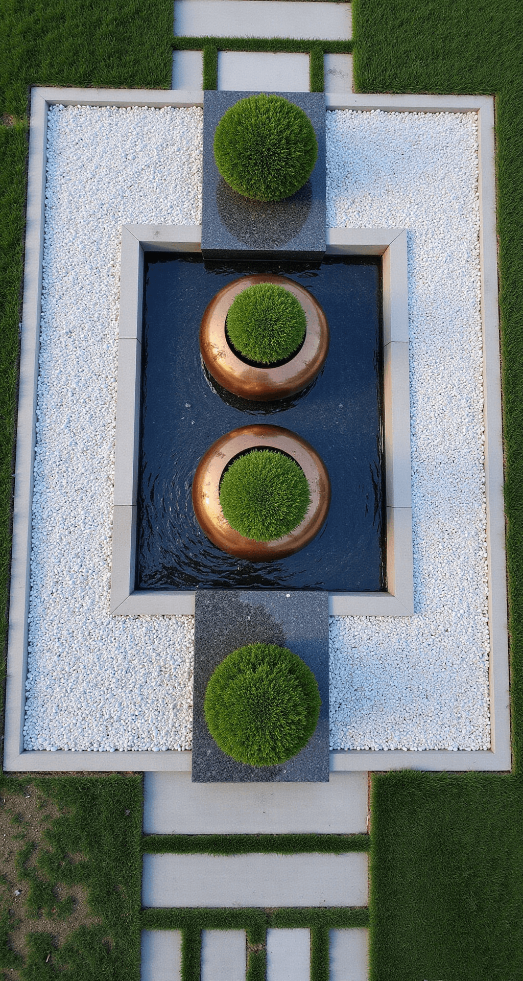 White Stone Garden Ideas: Transform Your Outdoor Space with Elegance Overhead view of a 10x10ft modern water feature with a black granite water wall, surrounded by white marble chips and accented by structured boxwood balls, featuring three aged copper vessels emerging from the stone field, captured in late afternoon light with long shadows.
