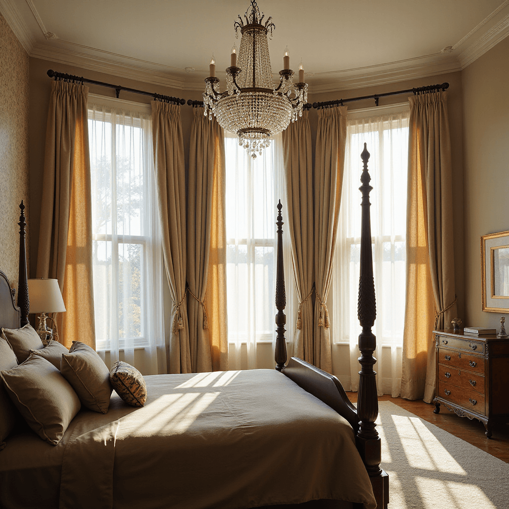 Bedroom Curtain Ideas: Transform Your Space with Modern Design Trends Luxurious bedroom with layered sheer ivory panels and heavyweight champagne silk drapes, featuring a four-poster bed with taupe linens, formal symmetry, and illuminated by a crystal chandelier during golden hour.