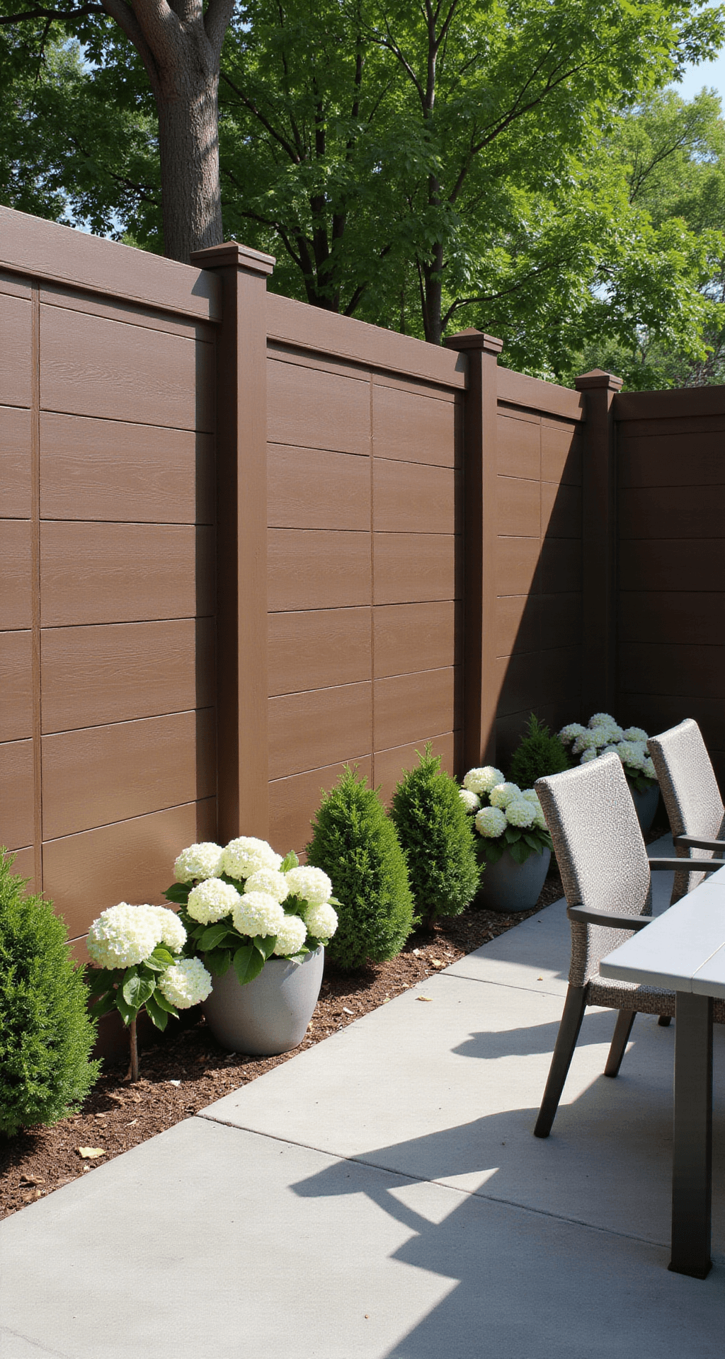 Cheap Privacy Fence Ideas: Transform Your Yard Without Breaking the Bank A warm cappuccino brown composite fence, 30 feet long, showcases uniform texture and subtle wood grain, surrounded by white hydrangeas and emerald boxwoods in contemporary concrete planters, with dappled sunlight creating shadow patterns; a modern gray outdoor dining set is included in the scene.