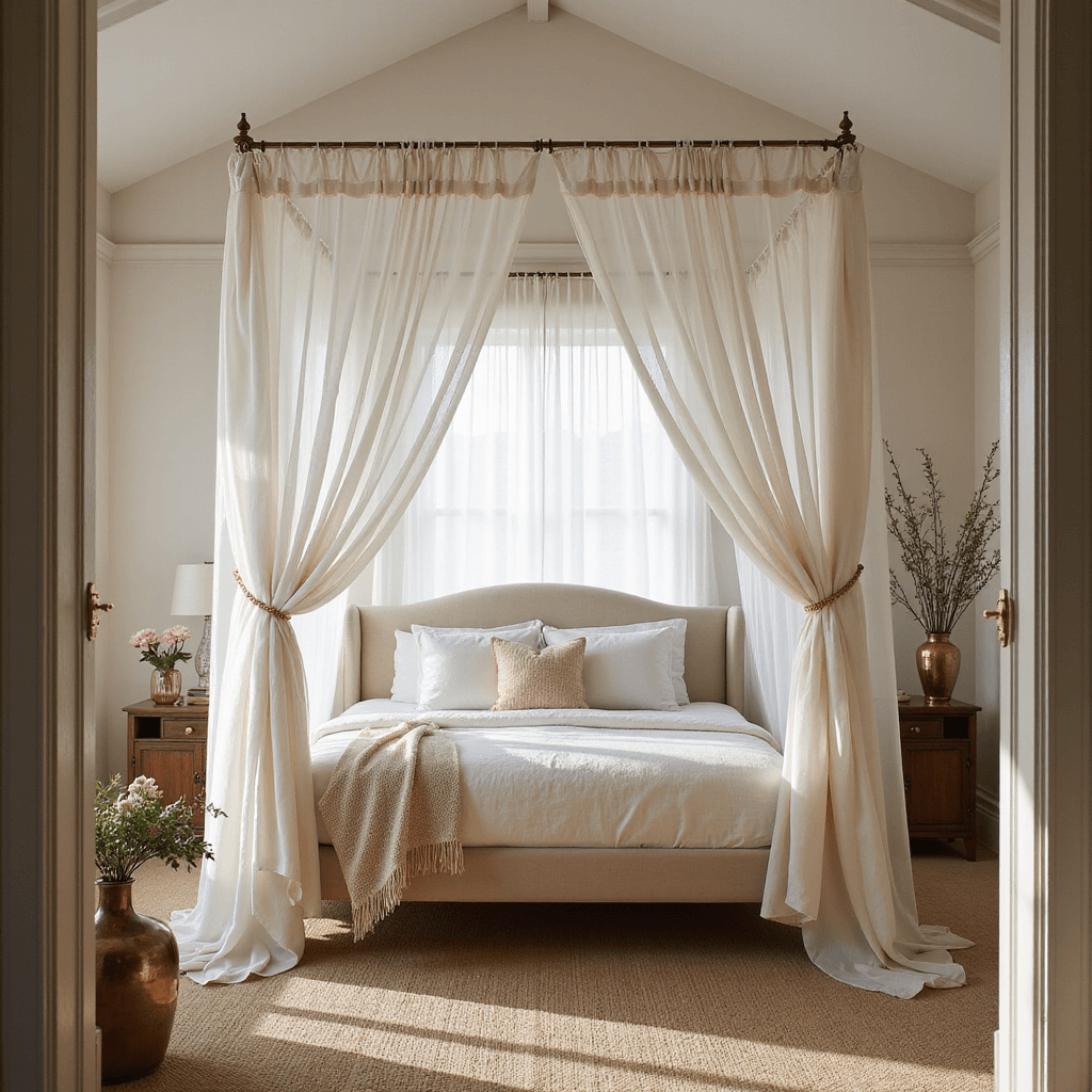 Bedroom Curtain Ideas: Transform Your Space with Modern Design Trends Romantic canopy bed sanctuary with sheer white chiffon panels, a vaulted ceiling, and a neutral color palette, bathed in soft morning light.