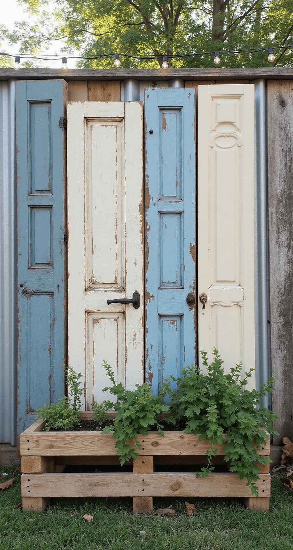 Cheap Privacy Fence Ideas: Transform Your Yard Without Breaking the Bank An eclectic vignette featuring a bohemian privacy screen made of vintage doors in weathered blues and creams, interspersed with industrial corrugated metal panels. Shot from a ground-level perspective, the scene is illuminated by natural light with string lights overhead and foregrounded by upcycled wooden pallet planters filled with cascading herbs.