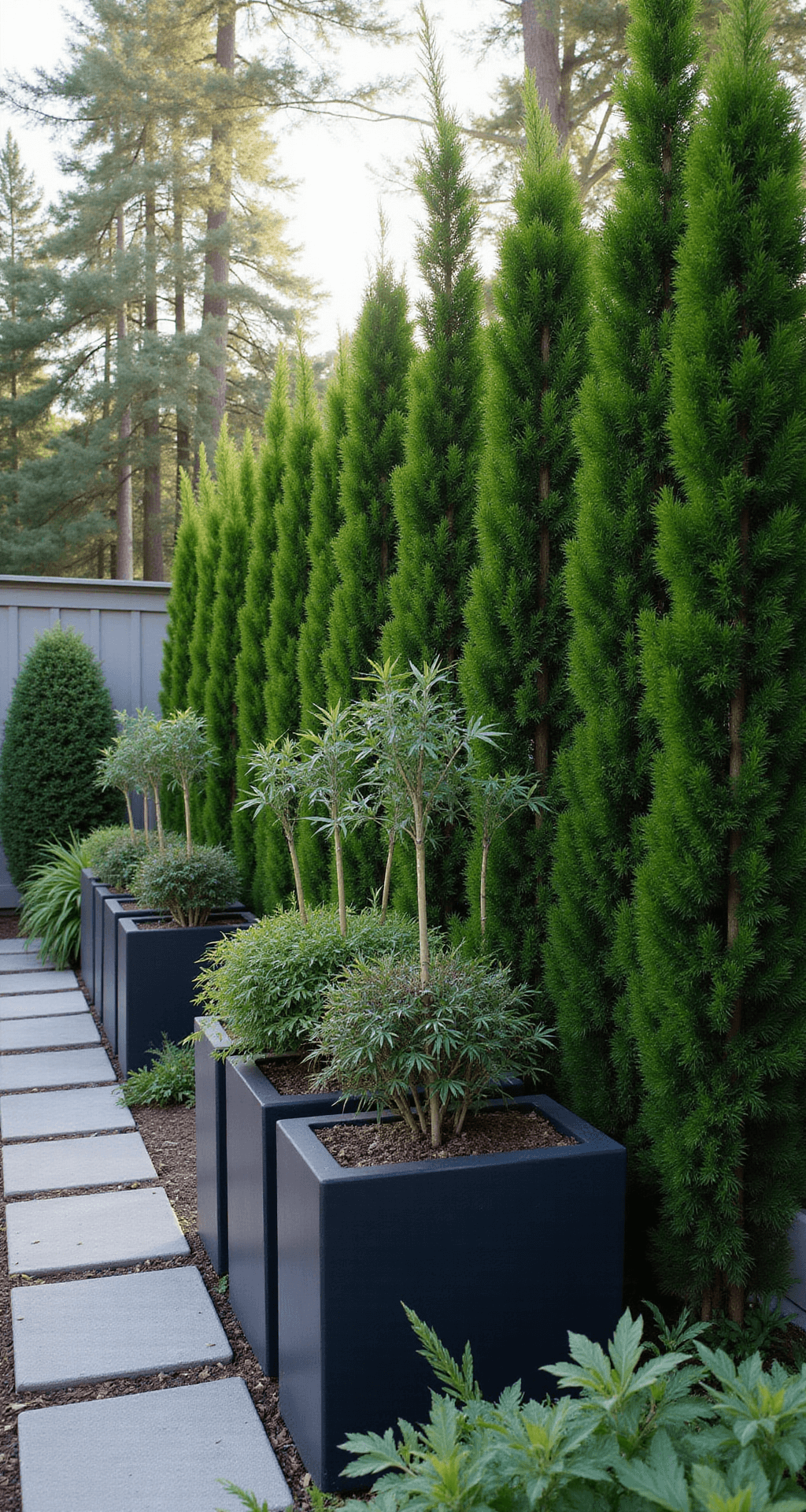 Cheap Privacy Fence Ideas: Transform Your Yard Without Breaking the Bank Early morning scene of an 8-foot emerald arborvitae privacy screen with bamboo shoots in modern black planters, dew-drenched and illuminated by garden lighting along a stone path.