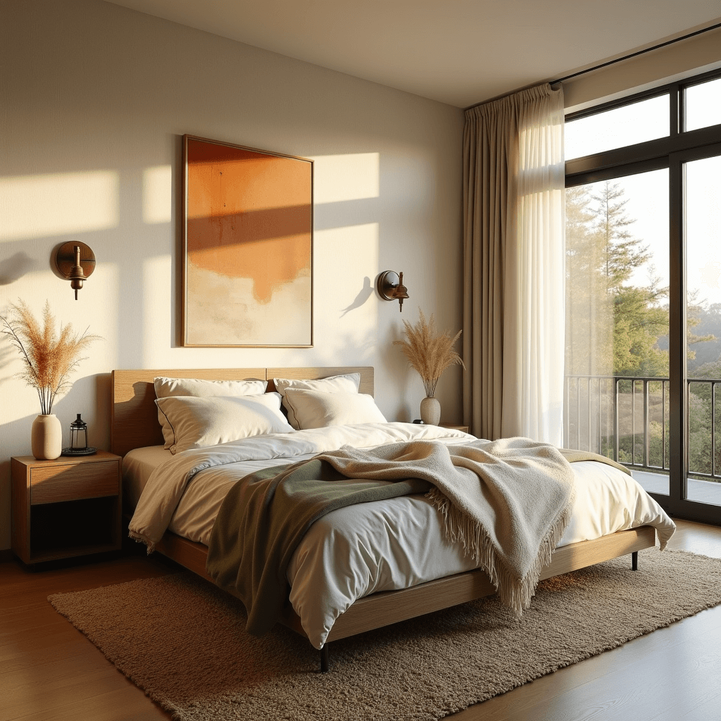 Crafting the Perfect Cozy Bedroom: A Comprehensive Styling Guide A serene master bedroom bathed in golden morning light, featuring a mid-century modern platform bed dressed in warm oatmeal and sage linens, with vintage brass sconces and a contemporary abstract canvas. The space includes a chunky cream wool throw, a handwoven jute rug, and minimalist walnut nightstands with ceramic vessels of dried pampas grass, all captured at a 45-degree angle from the doorway.