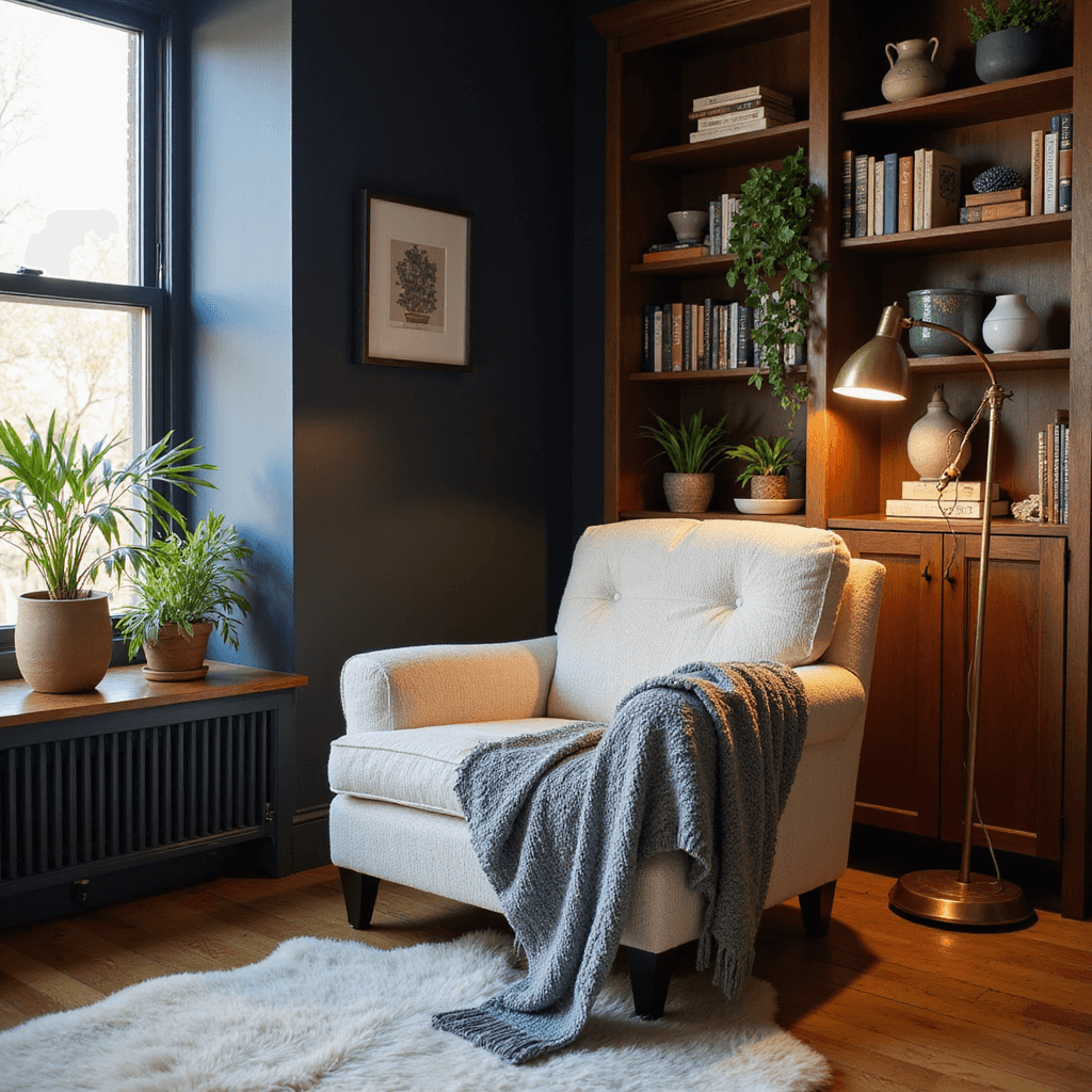 Crafting the Perfect Cozy Bedroom: A Comprehensive Styling Guide Cozy reading nook in a bedroom corner featuring an oversized ivory boucle armchair against a dark navy wall, illuminated by an antiqued brass floor lamp. A heathered grey handknit wool throw drapes over the chair, while a built-in walnut bookshelf displays vintage books and ceramics, along with trailing plants. A plush sheepskin rug lays atop herringbone oak floors, captured from a low angle to enhance the intimate atmosphere during golden hour.