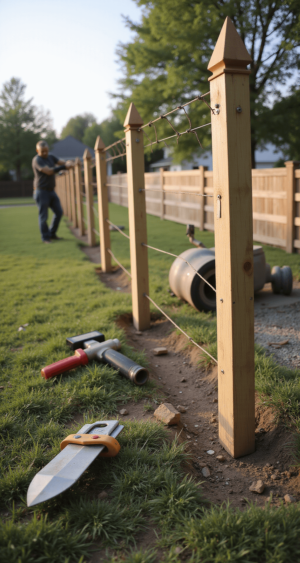 Cheap Privacy Fence Ideas: Transform Your Yard Without Breaking the Bank A worker installing a DIY fence, setting pressure-treated posts in afternoon light, with tools arranged in the foreground and a cement mixer nearby. The image captures proper technique from the worker's eye level, with a completed section in the background featuring decorative post caps.