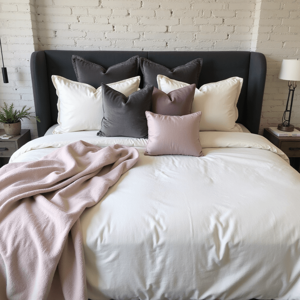 Crafting the Perfect Cozy Bedroom: A Comprehensive Styling Guide Luxurious king bed styled with a cloud-like white duvet and six pillows of varying sizes against a whitewashed brick wall, illuminated by soft sunrise light.