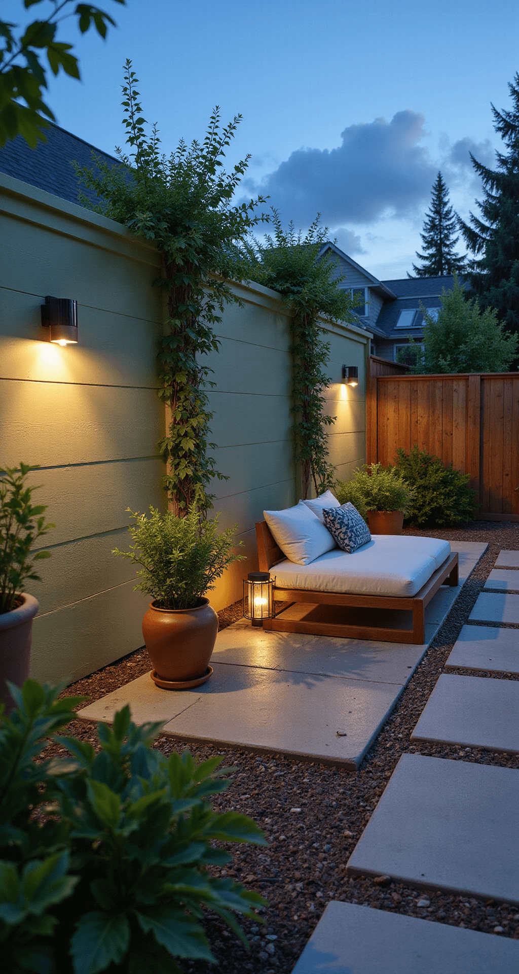 Cheap Privacy Fence Ideas: Transform Your Yard Without Breaking the Bank A stylish 7-foot sage green composite fence illuminated by modern copper solar lights, with climbing jasmine for texture and a contemporary lounger in a staged seating area, captured at blue hour from a low angle.