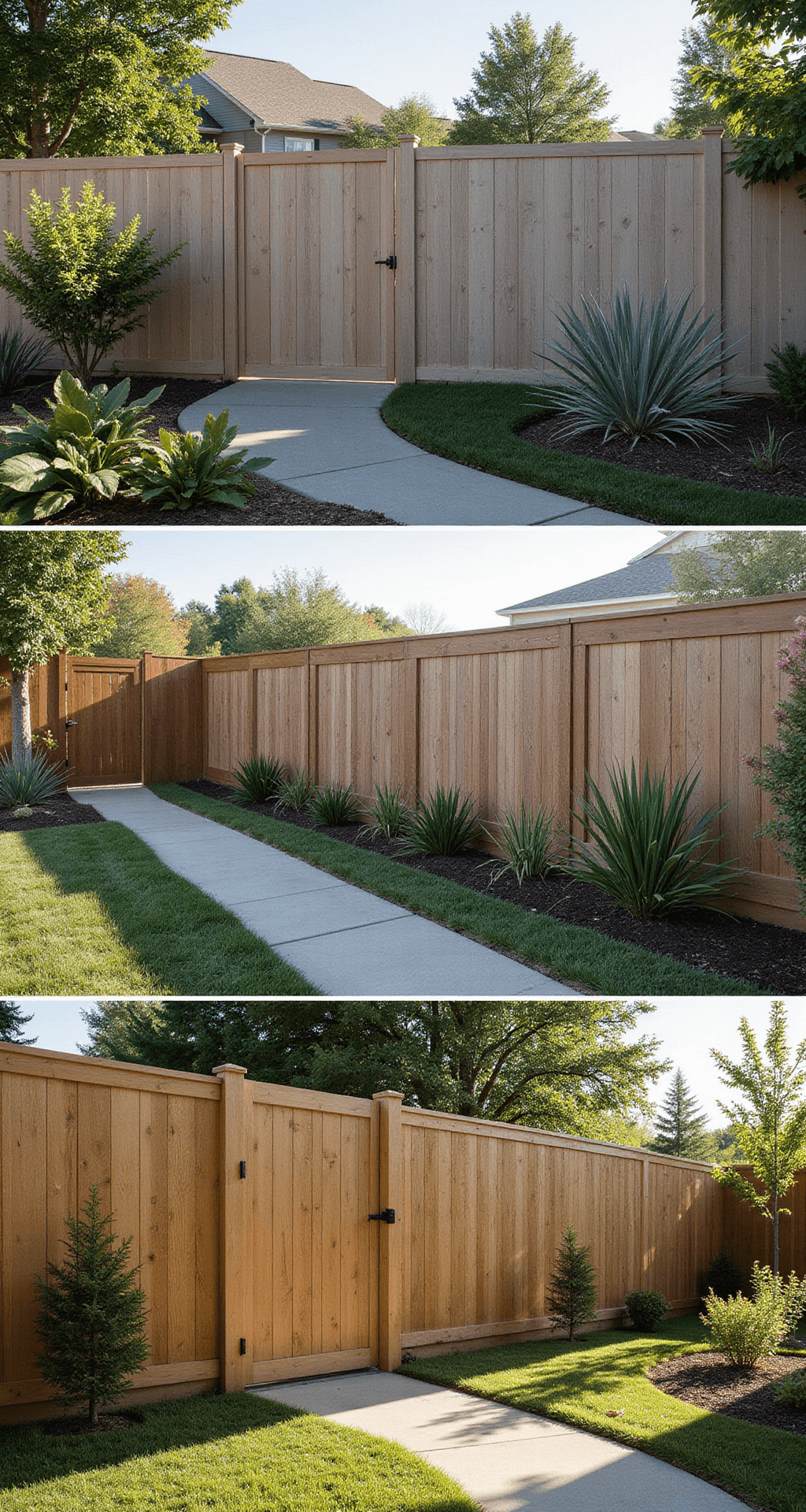 Cheap Privacy Fence Ideas: Transform Your Yard Without Breaking the Bank Aerial view of a cost-comparison scene featuring four distinct fence types, each beautifully integrated with complementary landscaping. Morning light accentuates the textures of the materials, while clear price comparisons are visible, framed within an architectural composition characterized by strong leading lines.