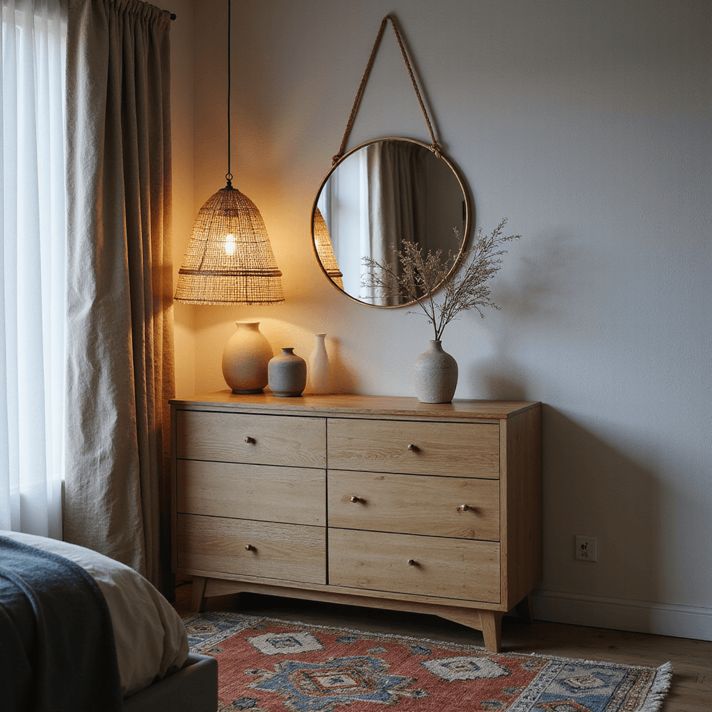 Crafting the Perfect Cozy Bedroom: A Comprehensive Styling Guide A cozy Scandinavian-inspired bedroom corner vignette at dusk, featuring a rattan pendant lamp casting warm light over a bleached oak dresser adorned with handmade ceramic vessels and dried botanicals, alongside a circular brass mirror. The textured white wall creates soft shadow effects, while greige linen curtains gently filter the blue hour light. A vintage kilim rug in rust, indigo, and cream adds a muted color palette, all captured from a low angle to emphasize mood and detail.