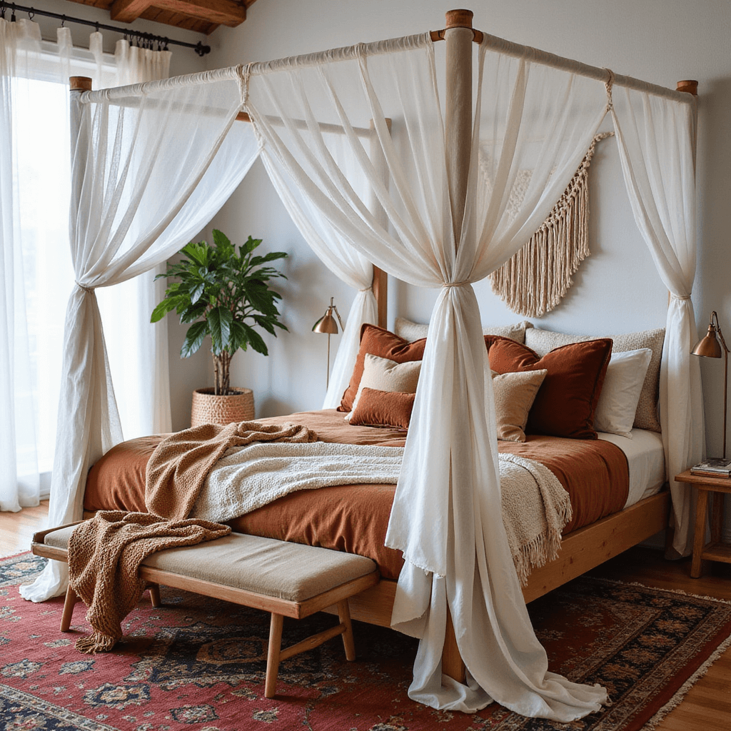 Crafting the Perfect Cozy Bedroom: A Comprehensive Styling Guide A modern bohemian bedroom featuring a canopy bed with sheer white cotton drapes, layered earth-toned bedding, a macramé wall hanging, a potted fiddle leaf fig, and a vintage Moroccan rug, all bathed in diffused natural light.