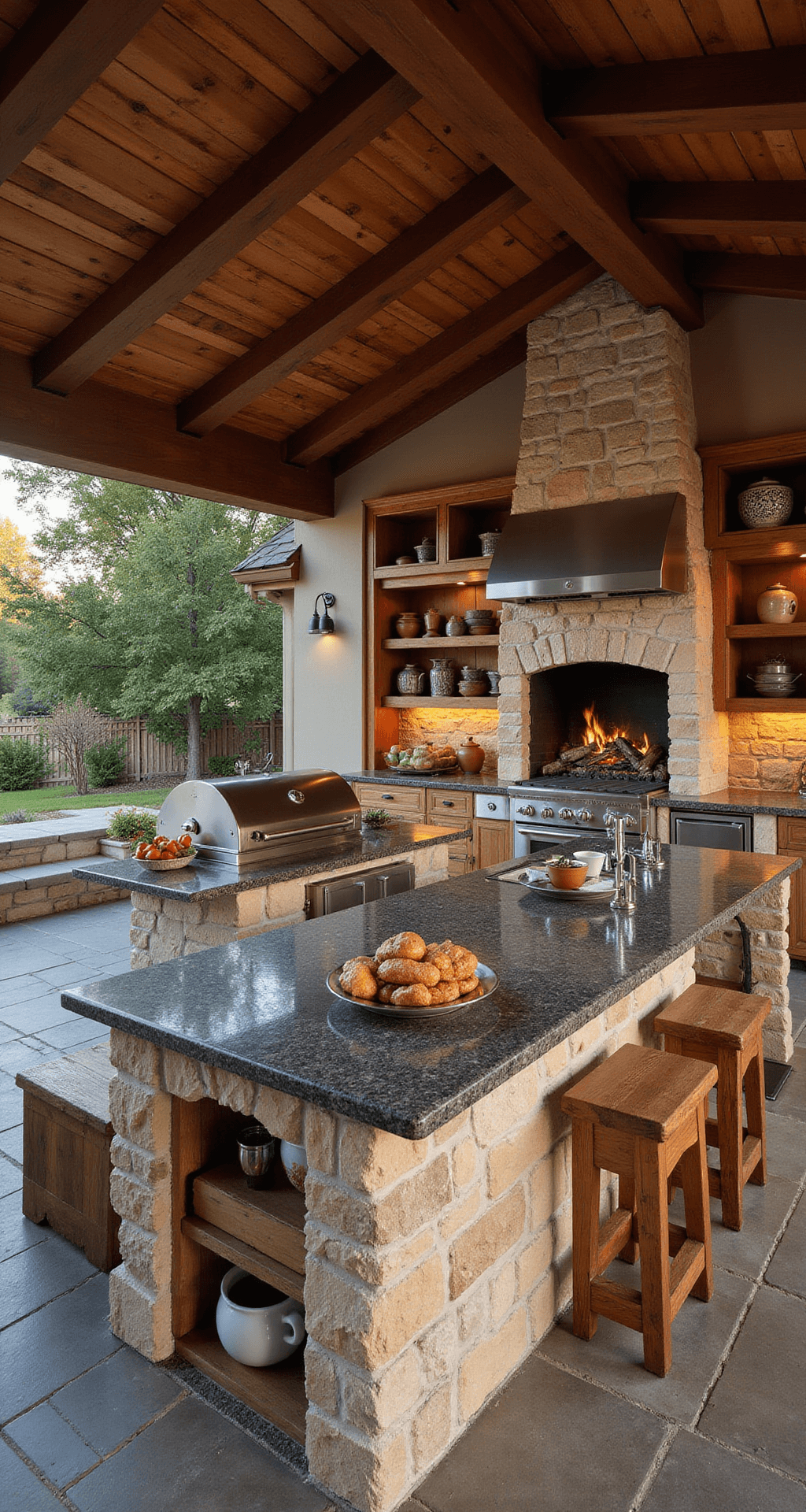 Rustic Outdoor Kitchen Ideas: Transform Your Backyard into a Charming Culinary Retreat Wide-angle shot of a rustic outdoor kitchen under a weathered cedar pergola, featuring a stainless steel grill, leathered granite island, and reclaimed barn wood shelving, illuminated by warm LED lights and natural sunlight during golden hour.