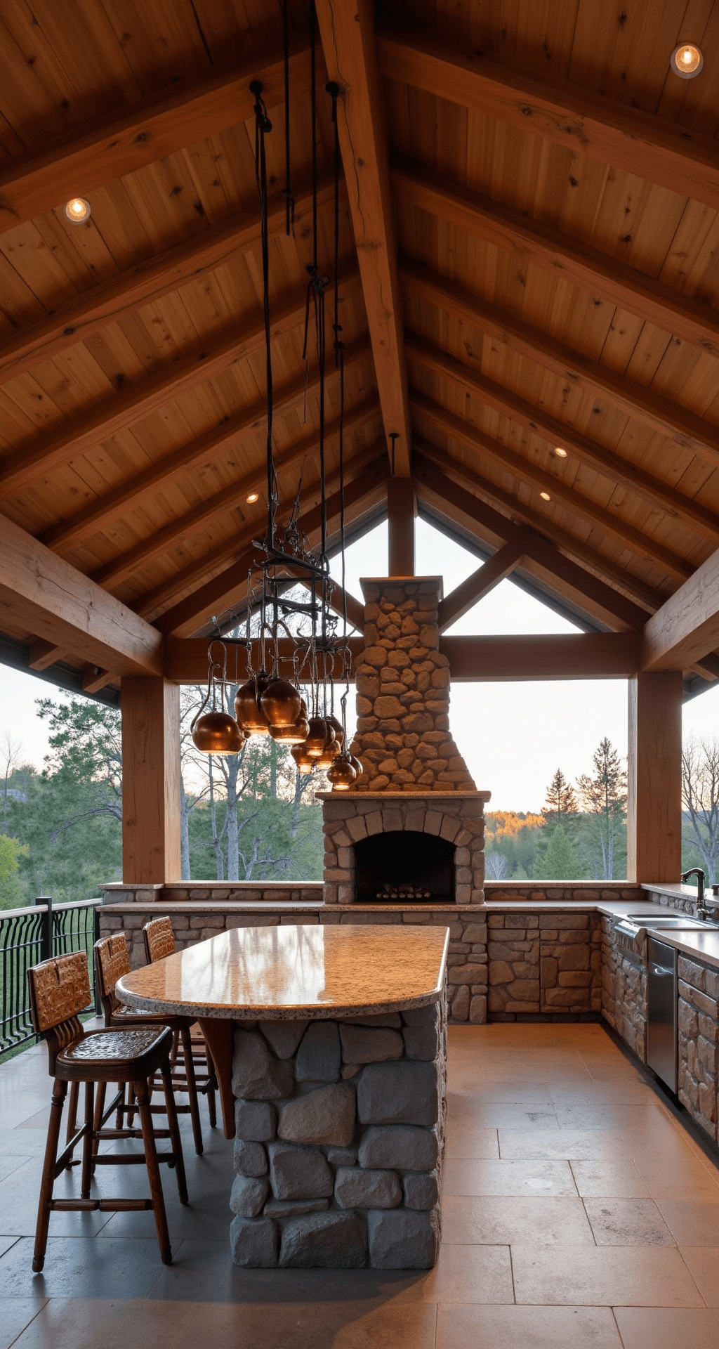Rustic Outdoor Kitchen Ideas: Transform Your Backyard into a Charming Culinary Retreat Low-angle interior view of a cozy mountain lodge outdoor kitchen pavilion at dusk, featuring massive exposed Douglas fir beams, a vaulted ceiling, and a central island with rough-hewn granite. The wood-fired pizza oven serves as a focal point, surrounded by stamped concrete flooring and vintage copper pots hanging from an iron rack, with soft backlight from the setting sun illuminating the space.