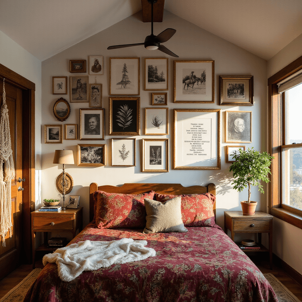 Picture Wall Ideas: Transform Your Bedroom with Personal Style An eclectic bohemian bedroom with vaulted ceilings, featuring a sprawling gallery wall of varied framed art, warm golden hour lighting, rich jewel-toned bedding, and macramé wall hangings, captured from a slight upward angle with a wide-angle lens.