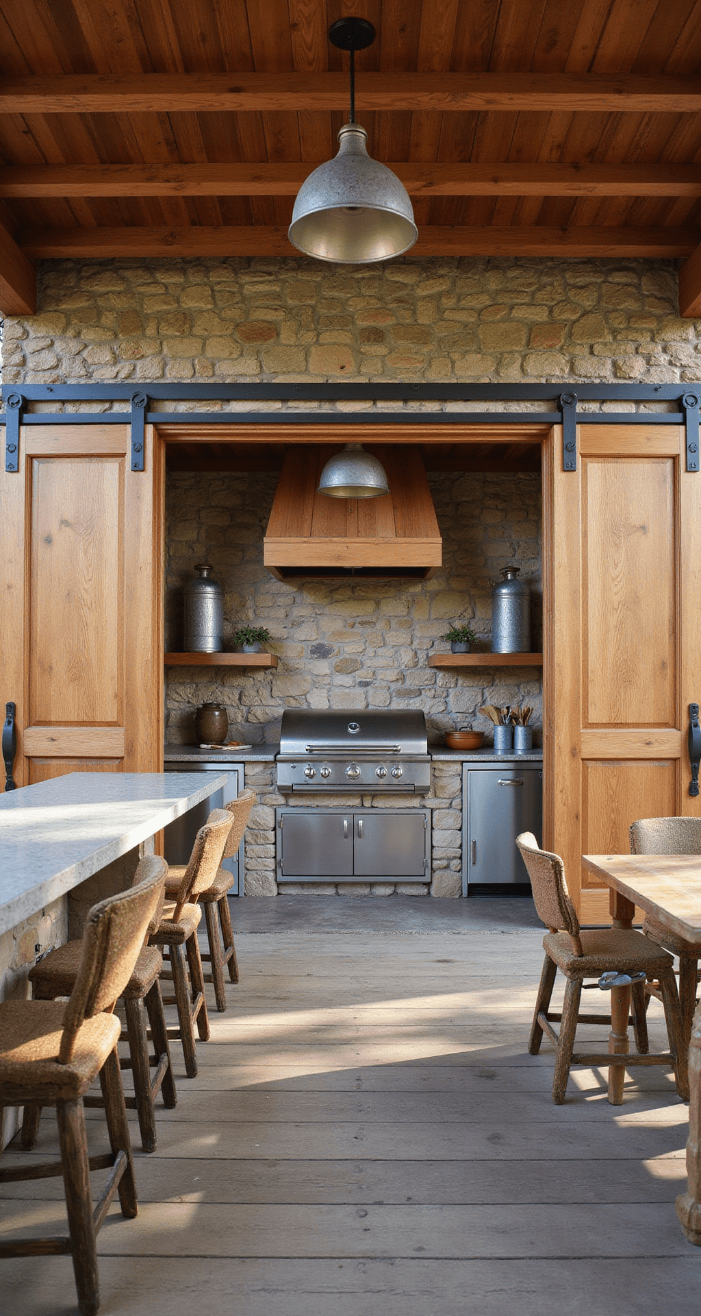 Rustic Outdoor Kitchen Ideas: Transform Your Backyard into a Charming Culinary Retreat Eye-level view of a Texas ranch-style outdoor kitchen featuring 12ft cedar barn doors, limestone walls, and a grill station, illuminated by natural morning light filtering through pergola slats. Distressed metal pendant lights hang over concrete countertops with embedded fossils, while vintage galvanized containers hold cooking utensils, all set against rustic wooden plank flooring.