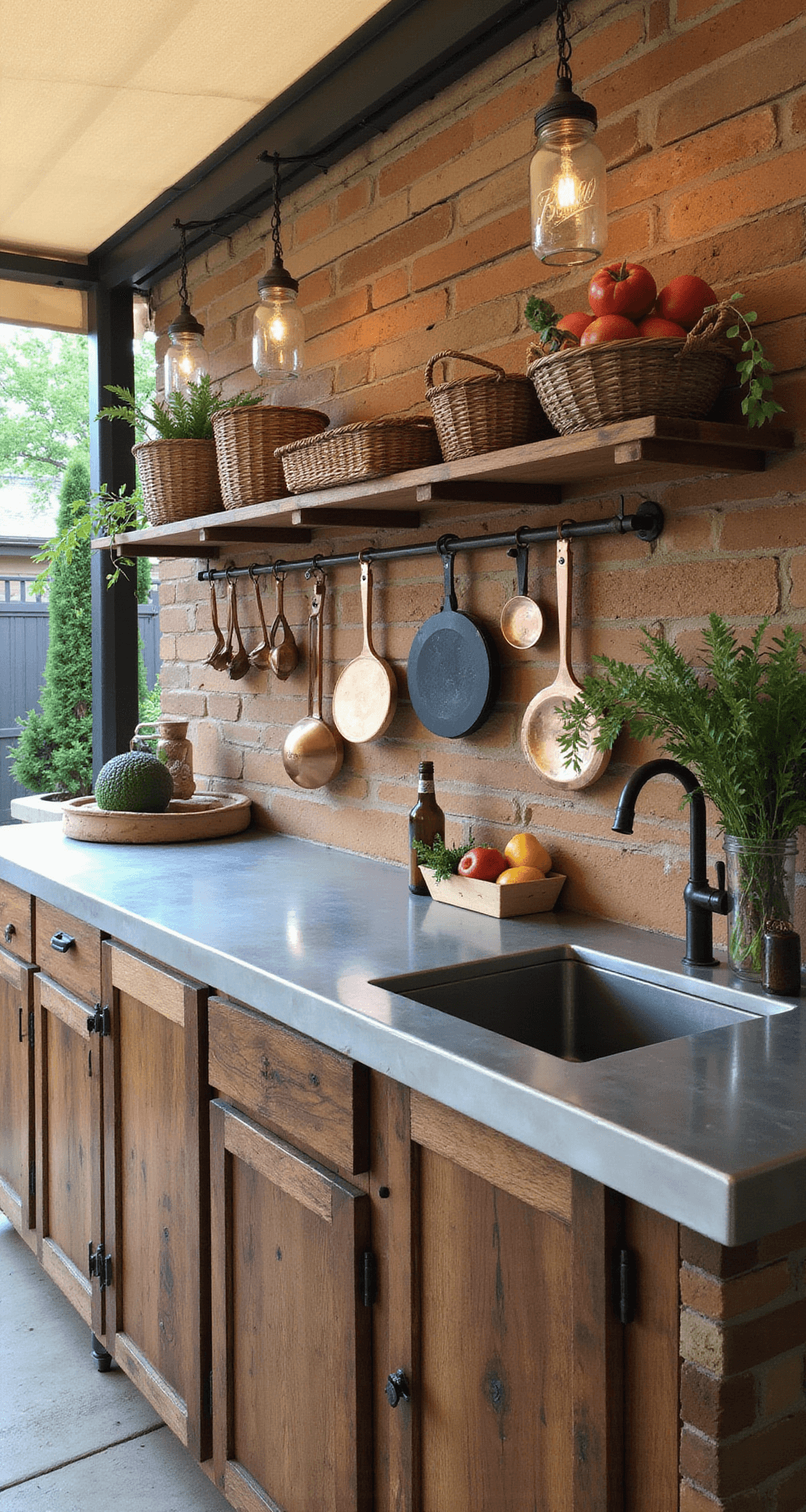 Rustic Outdoor Kitchen Ideas: Transform Your Backyard into a Charming Culinary Retreat Overhead view of an outdoor kitchen's prep area featuring a reclaimed wood counter with a zinc top showing wear, mason jar pendant lights casting shadows, woven baskets filled with fresh produce, and artfully arranged copper cooking tools on open shelving, illuminated by soft diffused light through a canvas awning.