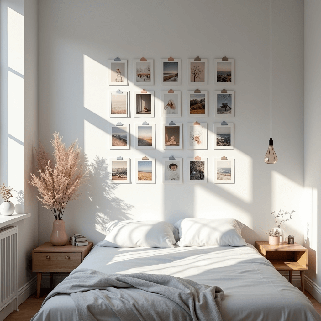 Picture Wall Ideas: Transform Your Bedroom with Personal Style A minimalist Scandinavian-style bedroom featuring a washi tape photo display on a white wall, illuminated by late afternoon sunlight, showcasing unframed prints held by pastel and metallic tape in geometric patterns, with a low wooden bed and a single pendant light in a cool grey and white color palette accented by subtle blush tones.